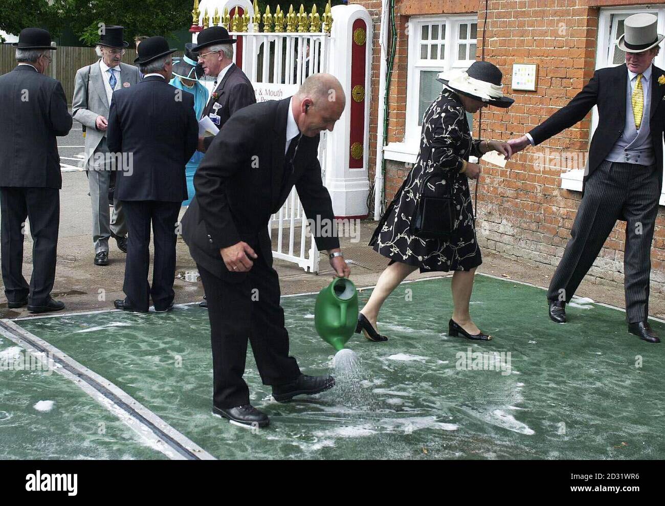Race-goers arriving at Ascot walking over disinfected mats taking precautions for the ongoing foot and mouth crisis. This is the opening day of four-day Royal Ascot meeting. Stock Photo