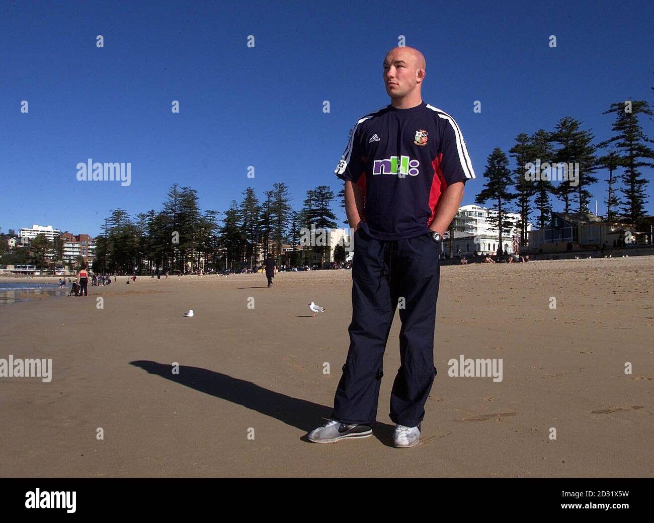 British and Irish Lion Phil Greening on Manly beach. He has now been ruled out of the tour but will remain down under working for Gullivers sport travel. Stock Photo
