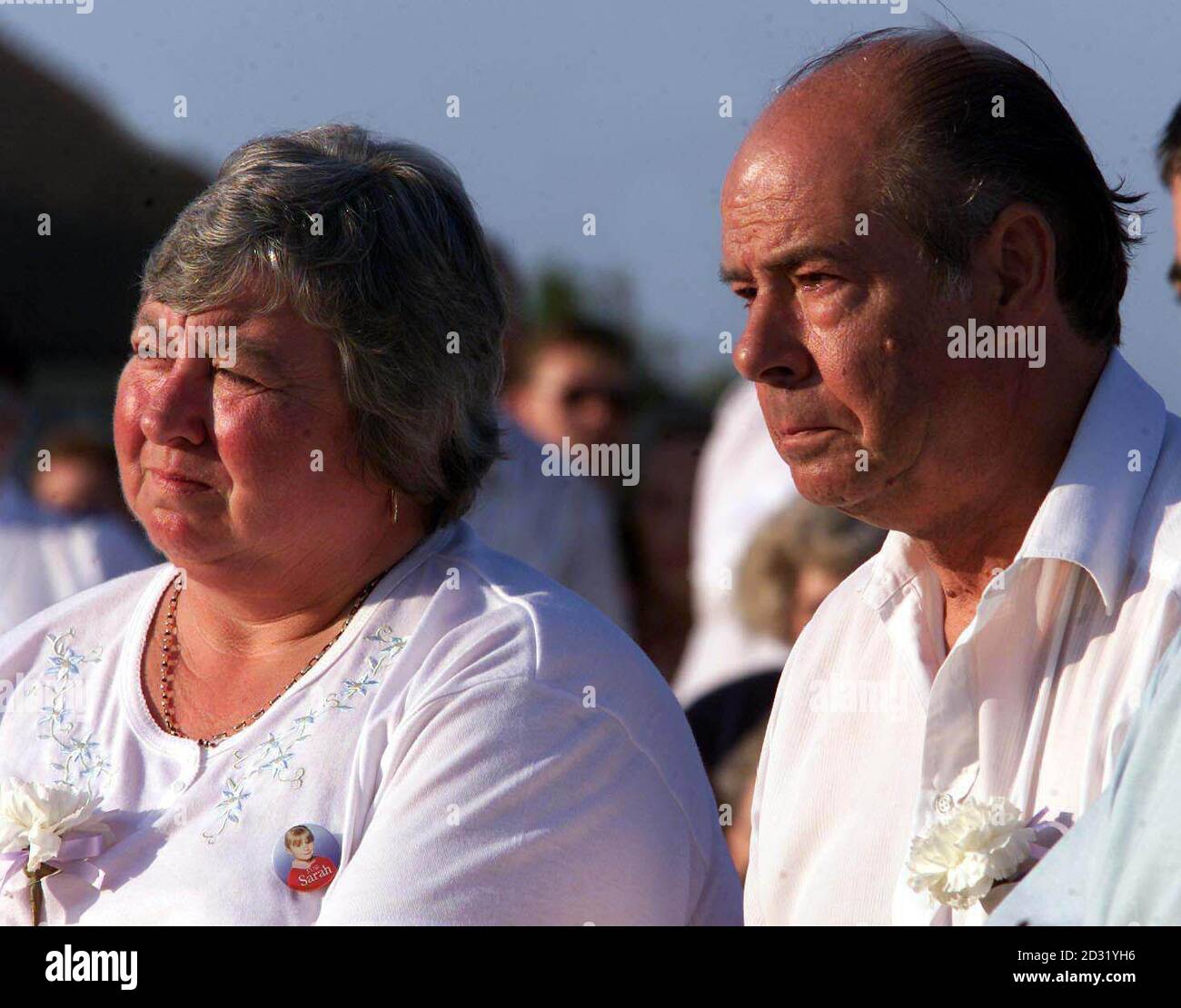 Lesley, (left), and Terry Payne, Grandparents of 10-year-old Sarah Payne  during a service of remembrance at Goring beach, West Sussex, where Sarah, who was abducted and murdered, while playing here a year ago. Stock Photo