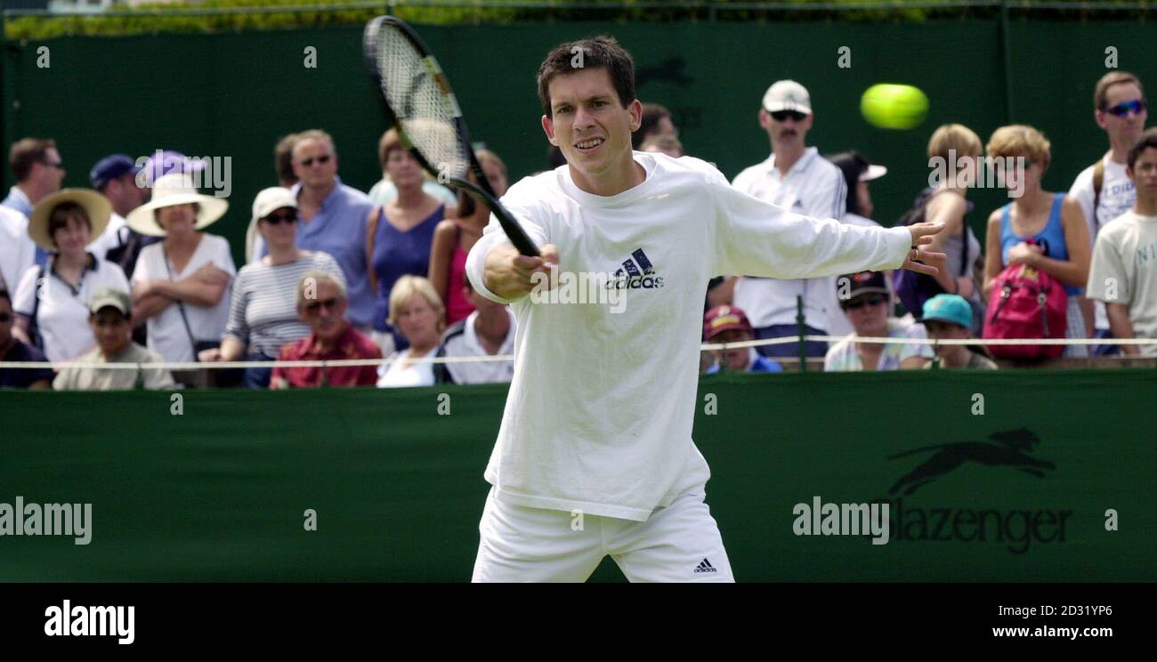 NO COMMERCIAL USE: British tennis star Tim Henman during a practice session before his match against America's Todd Martin  at Wimbledon, London. Stock Photo