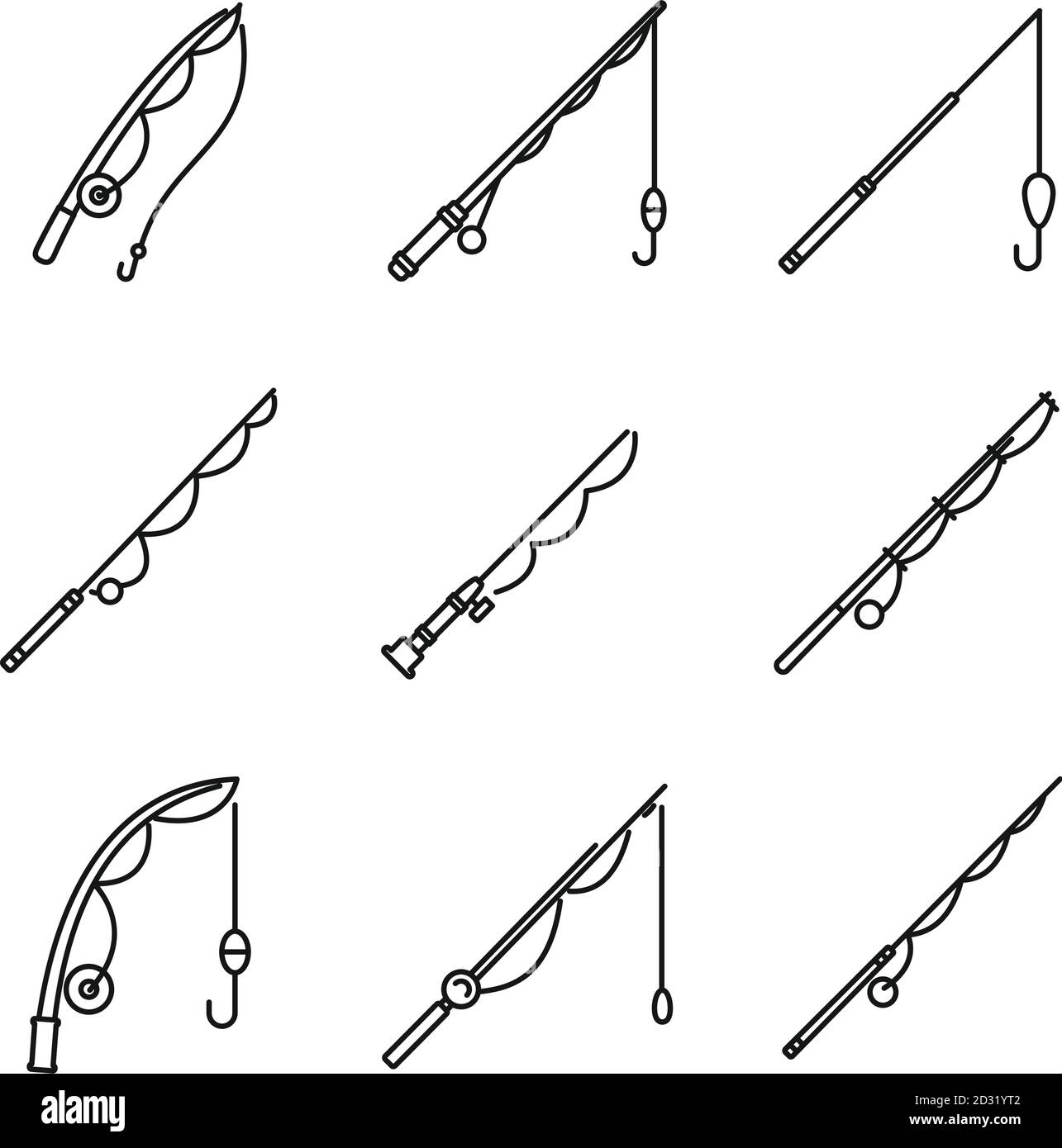 Modern fishing rod icons set. Outline set of modern fishing rod