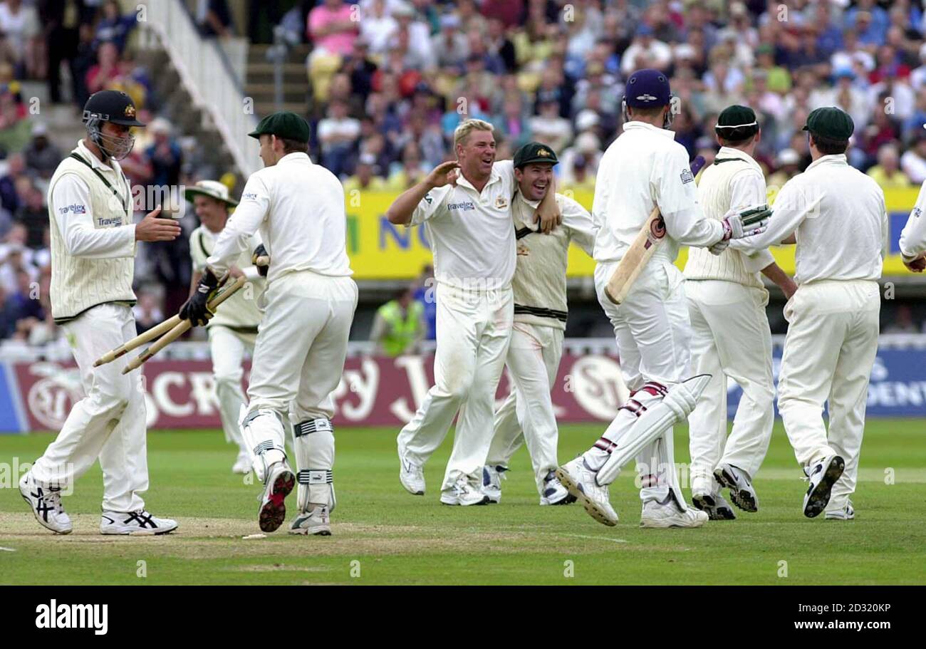 Australia celebrate their innings and 118 runs victory over England in the First Test match at Edgbaston, Birmingham. Stock Photo
