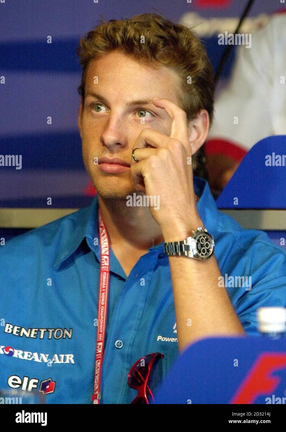 Benetton racing driver Jenson Button talks to the media during a press  conference at Silverstone Stock Photo - Alamy