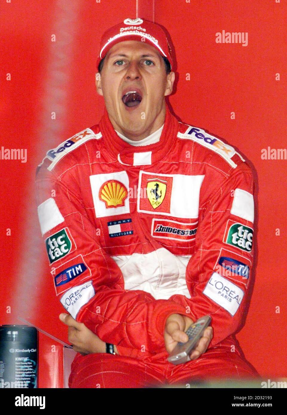 Ferrari's Michael Schumacher relaxes, during the qualifying session at Silverstone. Stock Photo