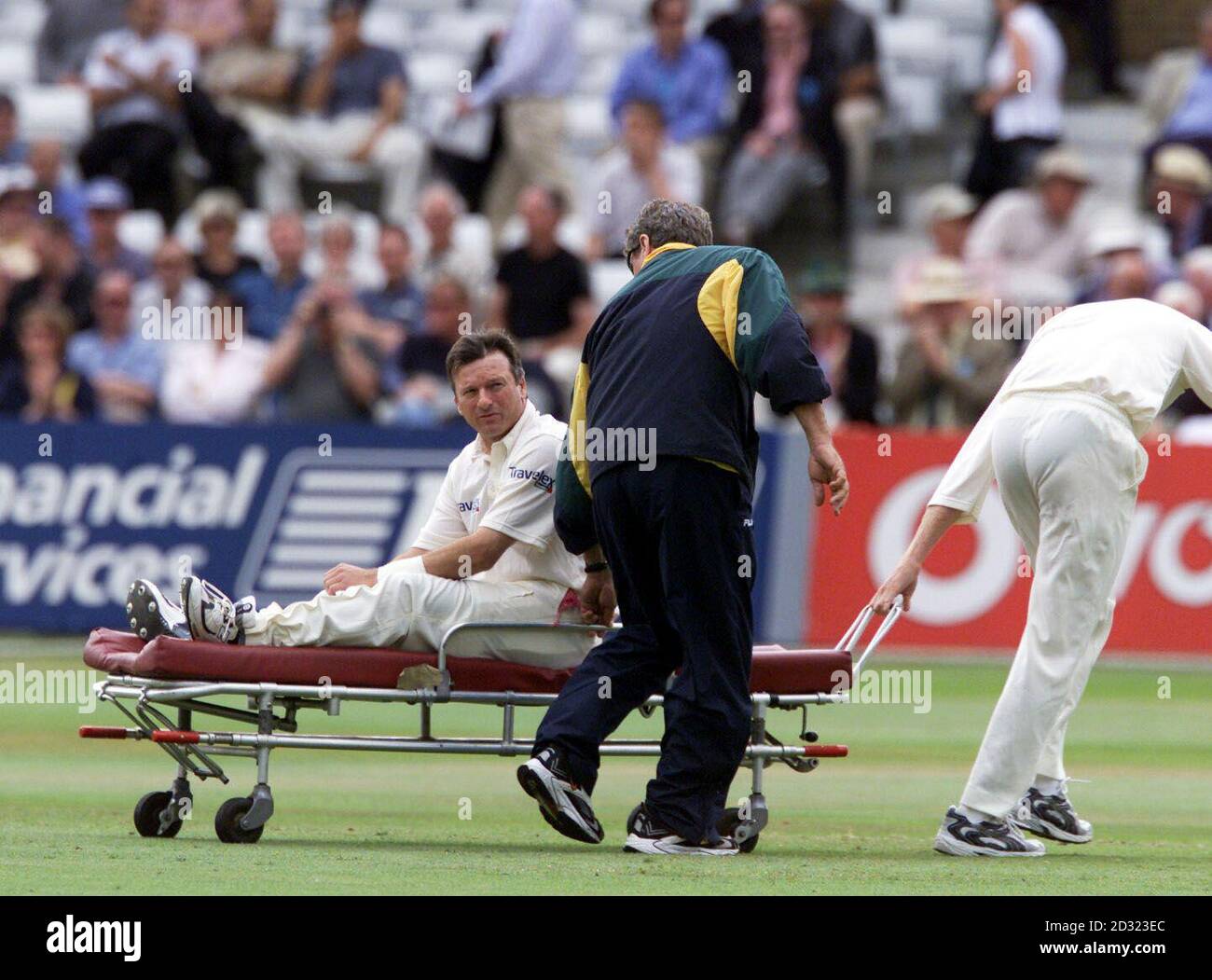 Australia's captain Steve Waugh is stretchered off during the third day of the third Test match at Trent Bridge, Nottingham. crick1 Stock Photo