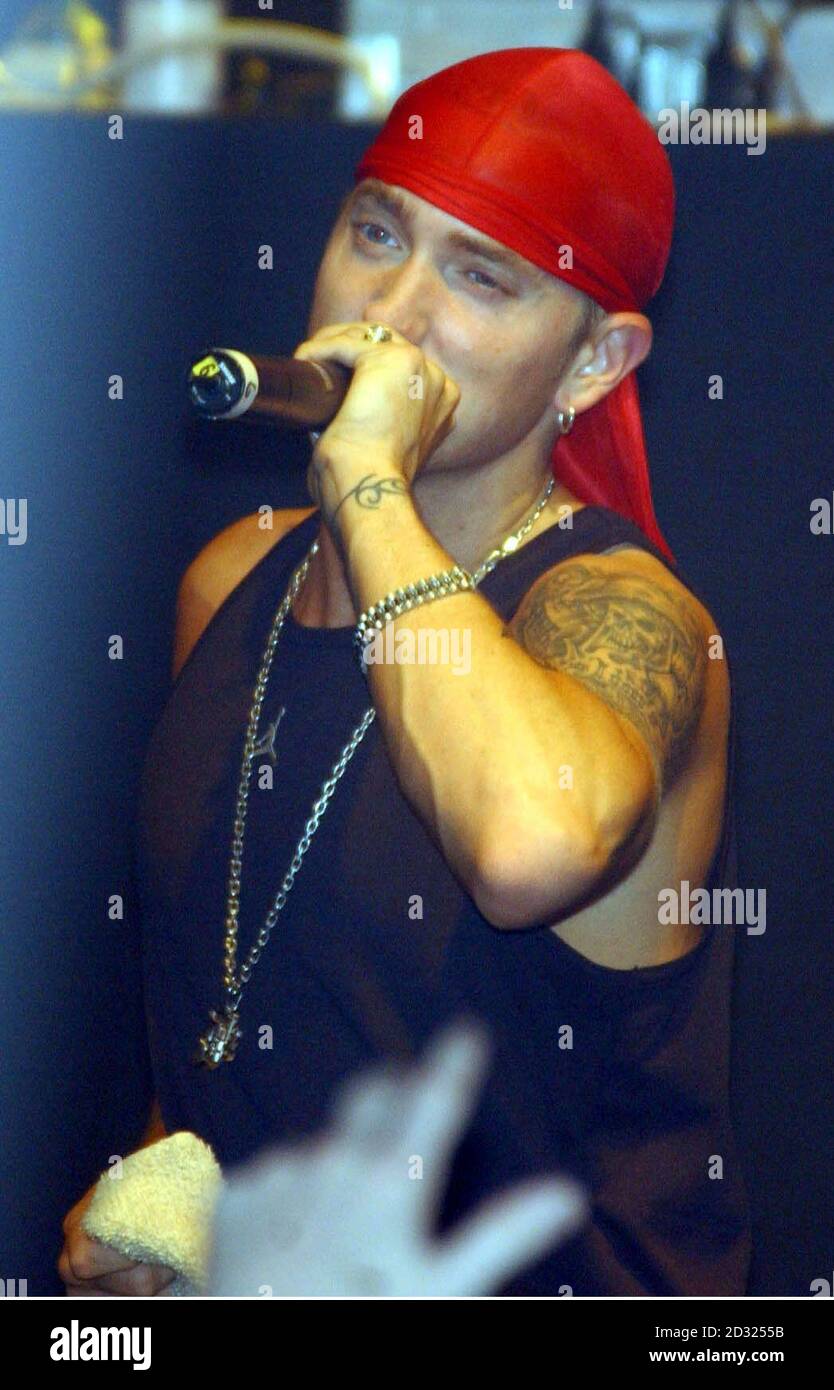 US rapper Eminem performing on stage at the Astoria in London. Stock Photo