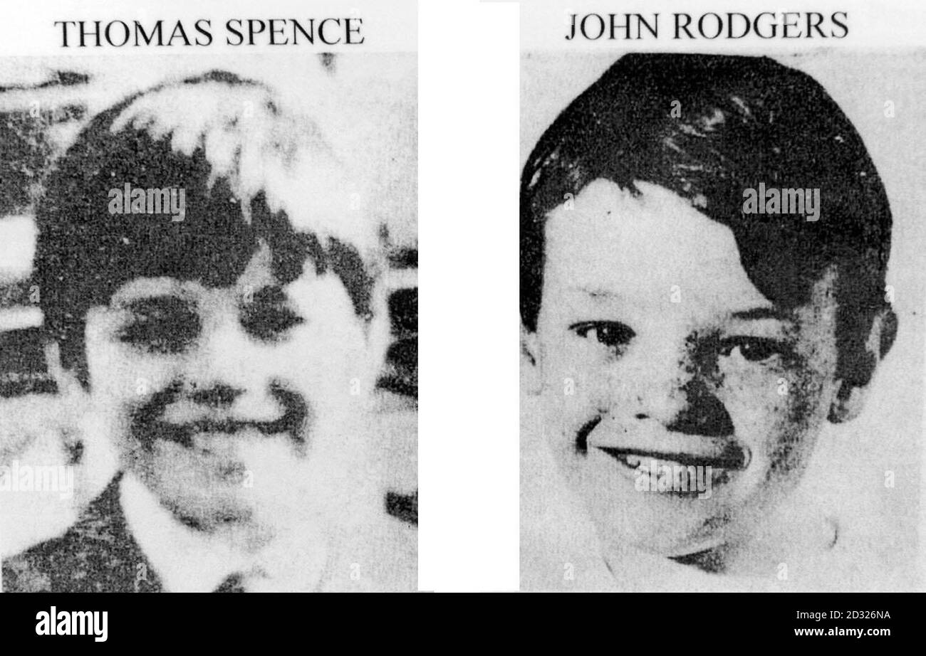 BEST QUALITY AVAILABLE: Undated File pictures of Belfast school boys Thomas Spence and John Rodgers. Police mounting a renewed search for the two young boys who disappeared in Belfast 27 years ago, arrested a 69-year-old man on suspicion of murder.   * Thomas Spence, 11 and John Rodgers, 13, disappeared while on their way to school in west Belfast in November 1974. Police were preparing to dig up the rear gardens of two houses in a street where one of the boys lived. Stock Photo