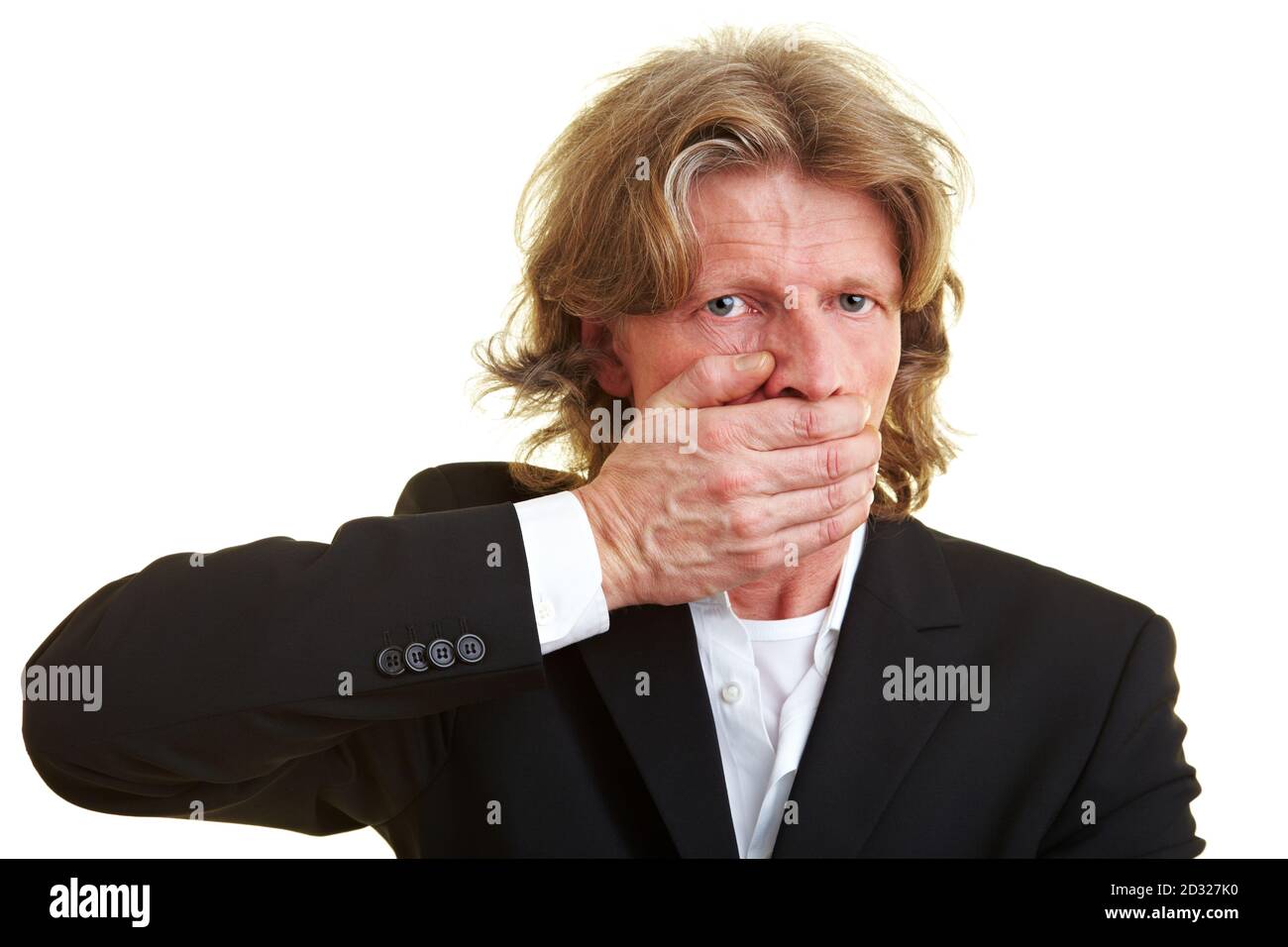 Manager covers his mouth with his hand Stock Photo