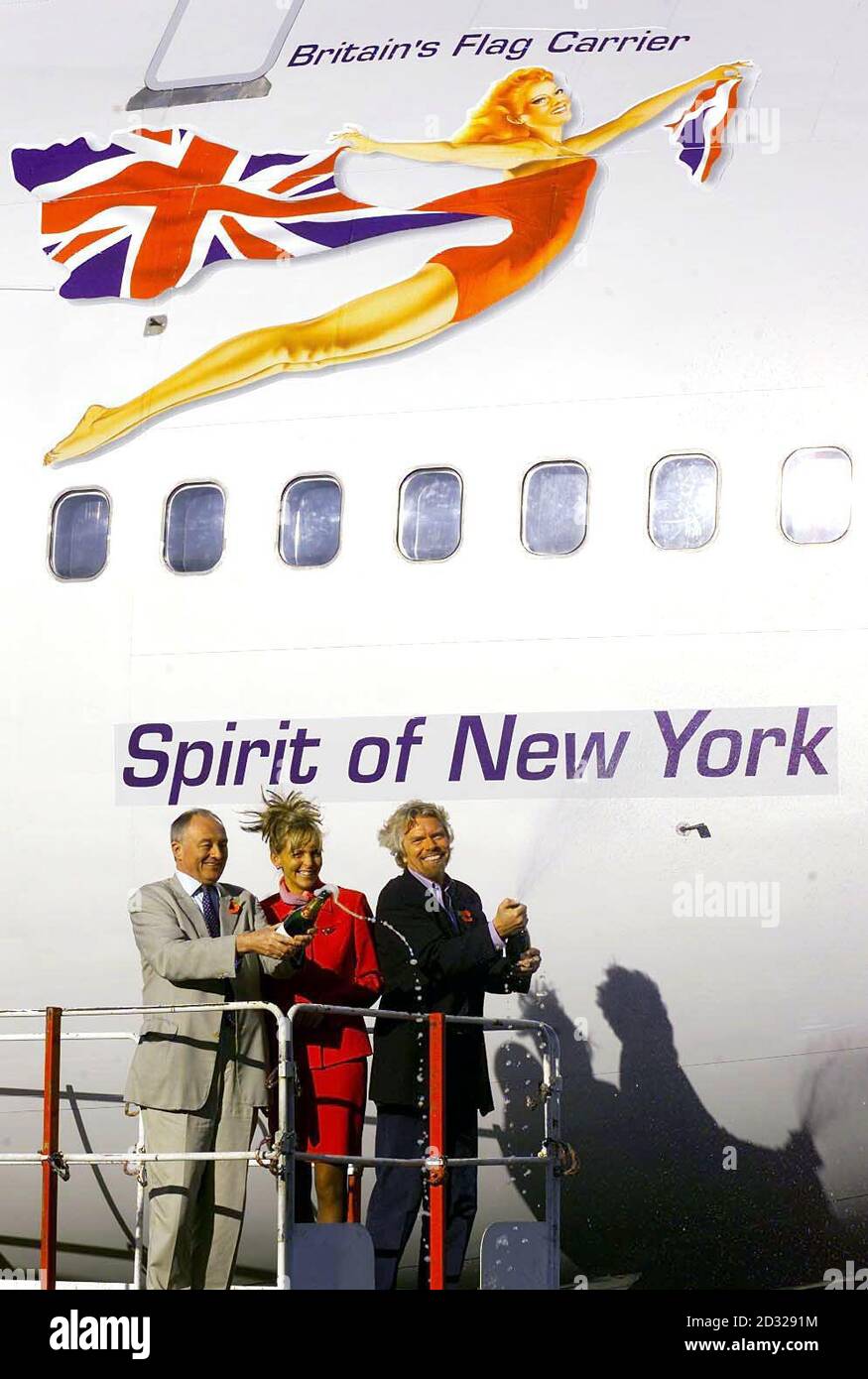 London Mayor Ken Livingstone (L) and Sir Richard Branson, the Virgin Atlantic chairman unveil the renamed Virgin Atlantic 747 Spirit of New York to represent the spirit and solidarity and support between the people of London and New York.   * The plane is also been fitted with a newly armour-plated cockpit door which was a necessary safety change after the September 11 suicide hijackings which destroyed the World Trade Centre and part of the Pentagon.  Stock Photo