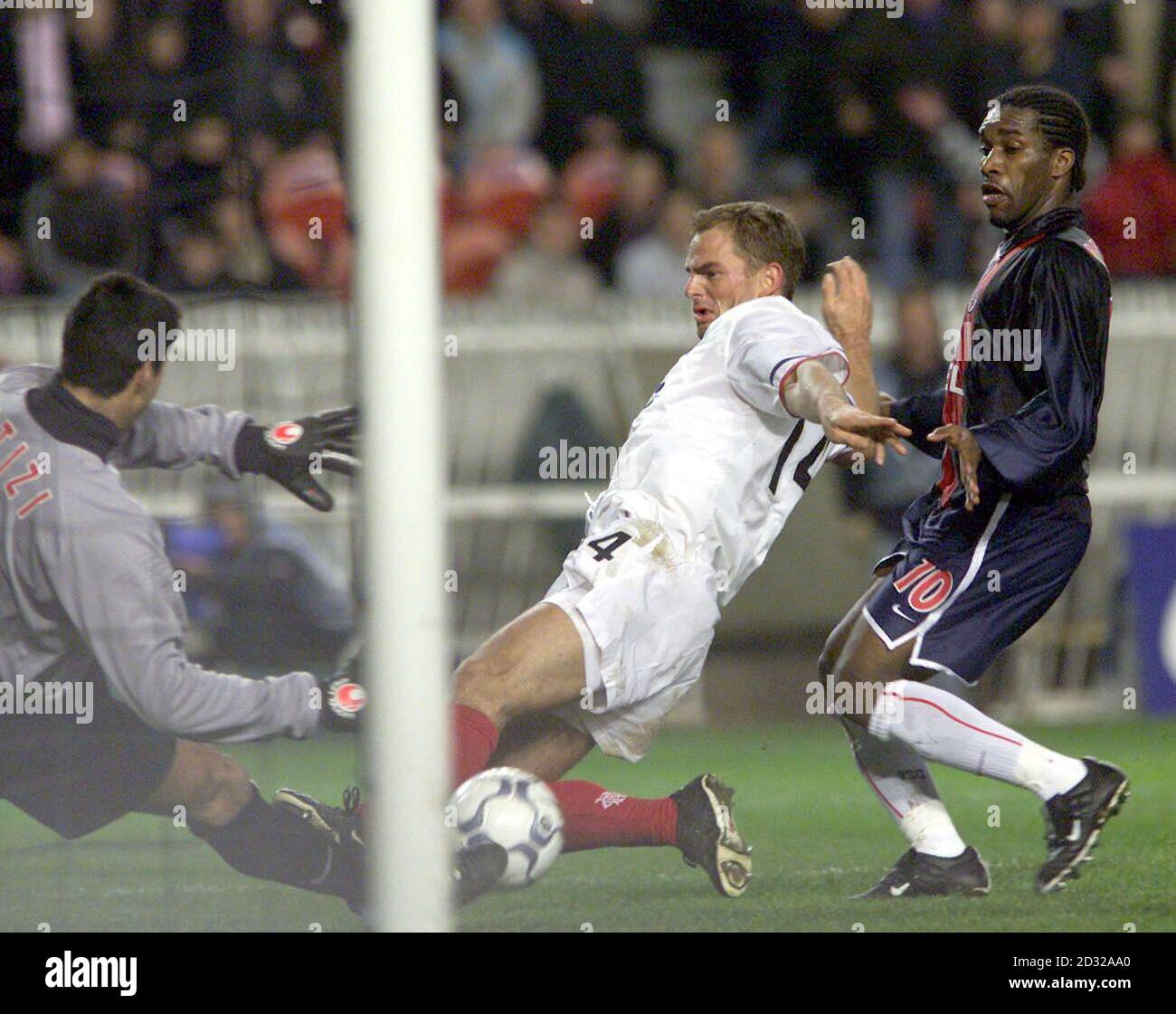 In the last minutes of normal time Rangers Ronald De Boer (centre) lets a  hard chance slip by during the UEFA Cup 3rd 2nd leg match against Paris St  Germain, at the