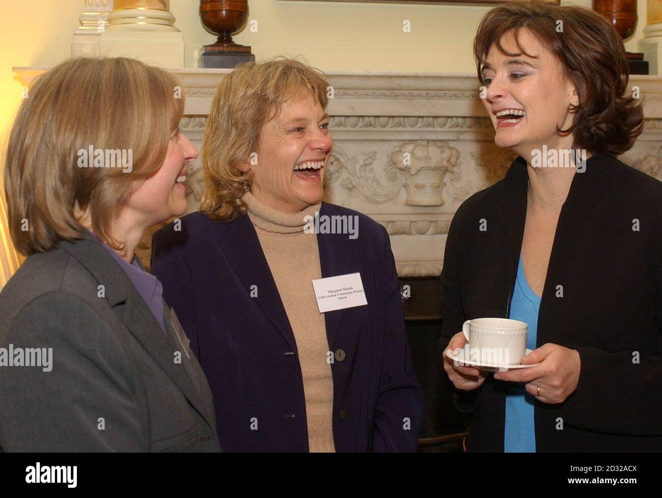 Cherie Booth QC meets Margaret Martin, from Leeds, (centre) and Christine Curtis, from Newcastle, at Downing Street, London. Women from around the country were invited for tea with the Prime Minister's wife after they gave input to a new report.  *   called Better Services Better Working Lives, which looks at how health and education services are delivering for women. Stock Photo