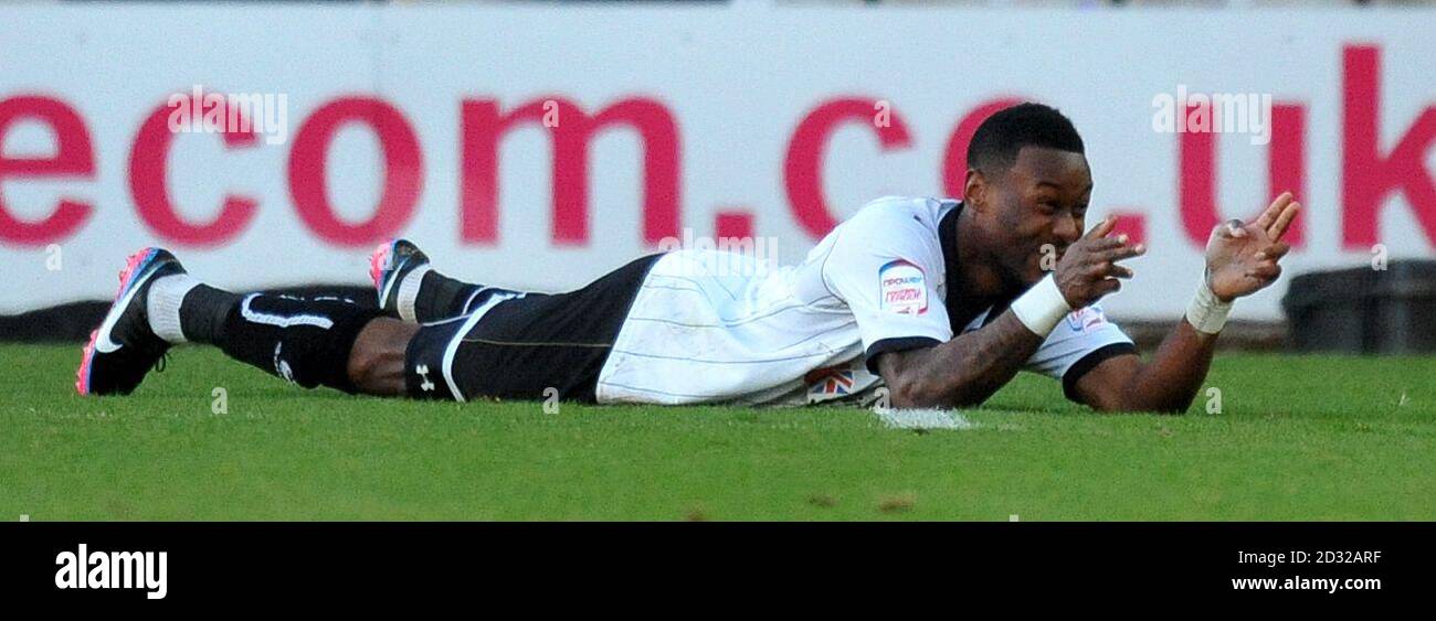 Port Vale's Jennison Myrie Williams celebrates scoring their second goal during the npower Football League Two match at Vale Park, Stoke On Trent. Stock Photo