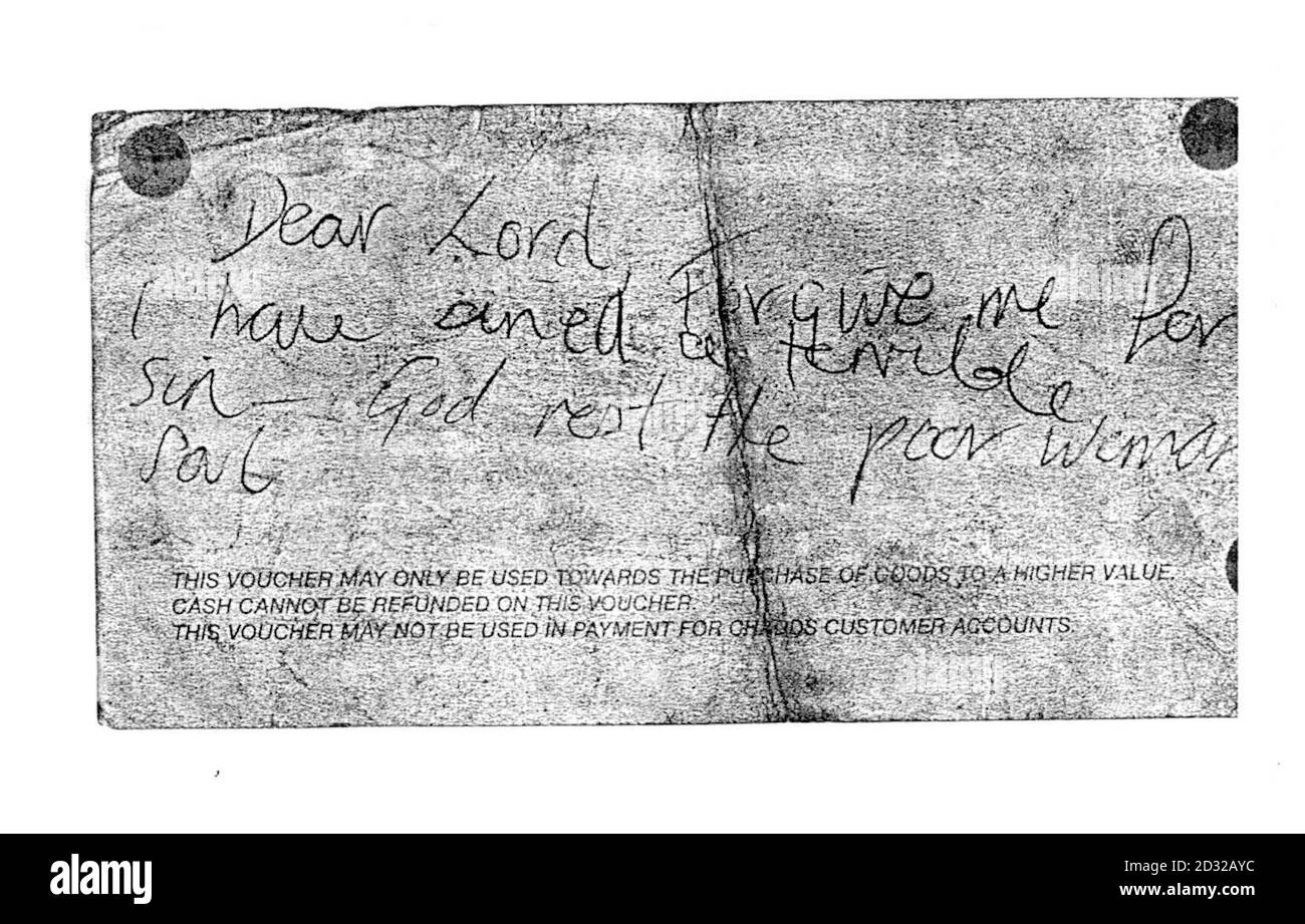 A note written by Jackie Moorhouse, who was jailed for three years at the Old Bailey, after being found guilty of the theft of a handbag. Her lover Mark Wooley was jailed for life for the murder of costume designer Elizabeth Sherlock after he ran her over. * when she tried to retrieve her bag. The note reads 'Dear Lord, I have sinned. Forgive me for a terrible sin - God rest the poor woman's soul'. Stock Photo