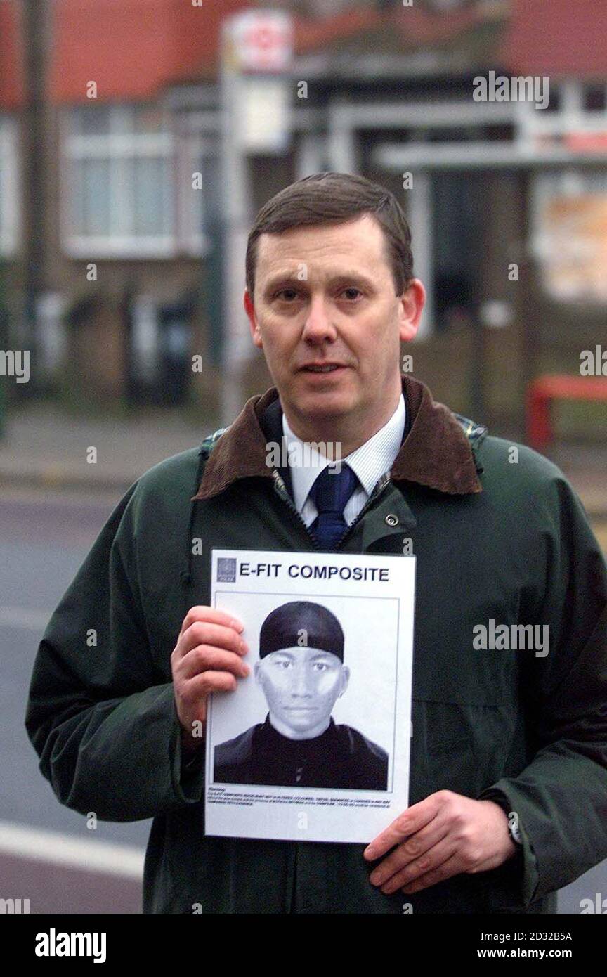Metropolitan Police detective Stewart Mace holds an e-fit picture, of a man they wish to question regarding the shooting of a 19-year-old woman for her mobile phone in Lea Bridge Road, East London. *...The teenager, from Waltham Forest, east London, was approached by a man who stopped her and demanded her Nokia 3310 phone at 5.30pm on New Year's Day. She refused and struggled with the attacker as he grabbed it from her hand. After he snatched the phone he shot her and the bullet ricocheted off her head. She was walking to a friend's house in Walthamstow at the time and was left bleeding o Stock Photo