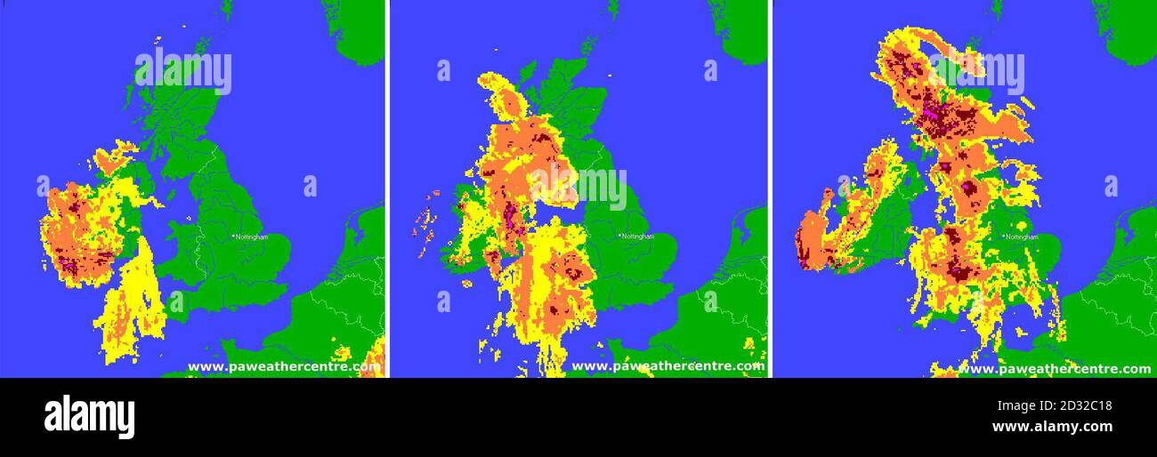 Weather radar images - taken at 0300, 0500 and 0730 - from the PA Weather Centre showing precipitation moving in on the British Isles. Gusts of up to 80mph were expected to batter Northern Ireland and north-west Scotland, with strong winds due elsewhere across the UK. Forecasters say the wet weather was expected to last well into the start of the coming week and police have warned motorists to take extra care on the roads and to travel only on essential journeys when the winds are at their peak. Stock Photo