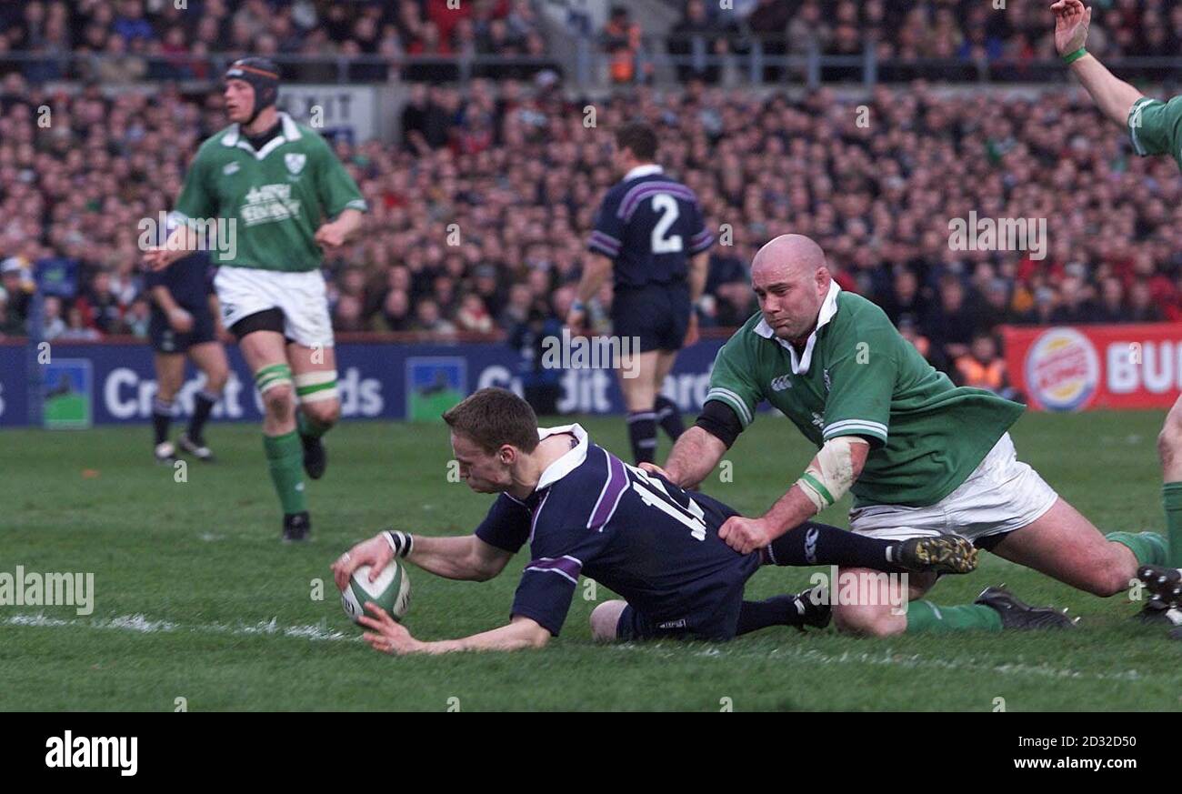 Scotland's Andrew Henderson goes over to score only to find it disallowed during their 43-22 defeat to Ireland in their Lloyds TSB Six Nations match at Lansdowne Road in Dublin, Republic of Ireland. (Final score 43-22). Stock Photo