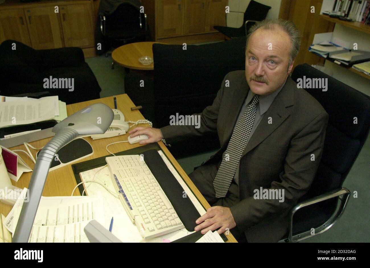MP for Glasgow Kelvin in Scotland, George Galloway, is pictured in his London office inside Portcullis House, central London. Mr Galloway has been involved in a war of words with a junior foreign minister, Ben Bradshaw.  * ...in which Mr Galloway branded Bradshaw a 'liar' inside the House of Commons yesterday during a debate over sanctions on Iraq. Mr Bradshaw today retracted comments that he had first made to Galloway, whilst Galloway apologised for his own personal outburst.  Stock Photo