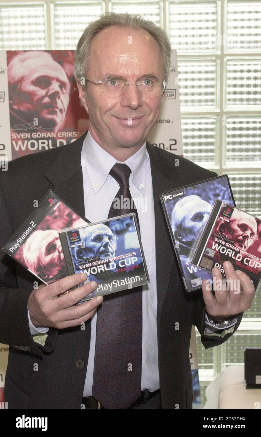 England football manager Sven Goran Eriksson holds the latest addition to  the computer game market, World Cup Manager and World Cup Challenge, at a  London Hotel. The Playstation 2 software is on