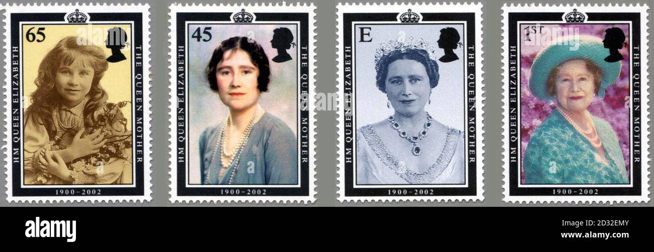 EDITORIAL USE ONLY: These stamps are being issued April 25 by the Royal Mail to commemorate the life of Queen Elizabeth the Queen Mother. Originally issued to celebrate her 90th birthday, the stamps are now framed in black.   *...., and carry the inscription 'HM Queen Elizabeth the Queen Mother 1900-2002'.  The 65p Airmail basic letter shows her as Lady Elizabeth Bowes-Lyon by Rita Martin (1907); the 45p Airmail basic letter shows her as the Duchess of York (after her marriage in 1923) by Betram Park (1930);  E - 37p European basic letter rate shows her as Queen Consort to King George VI by Do Stock Photo