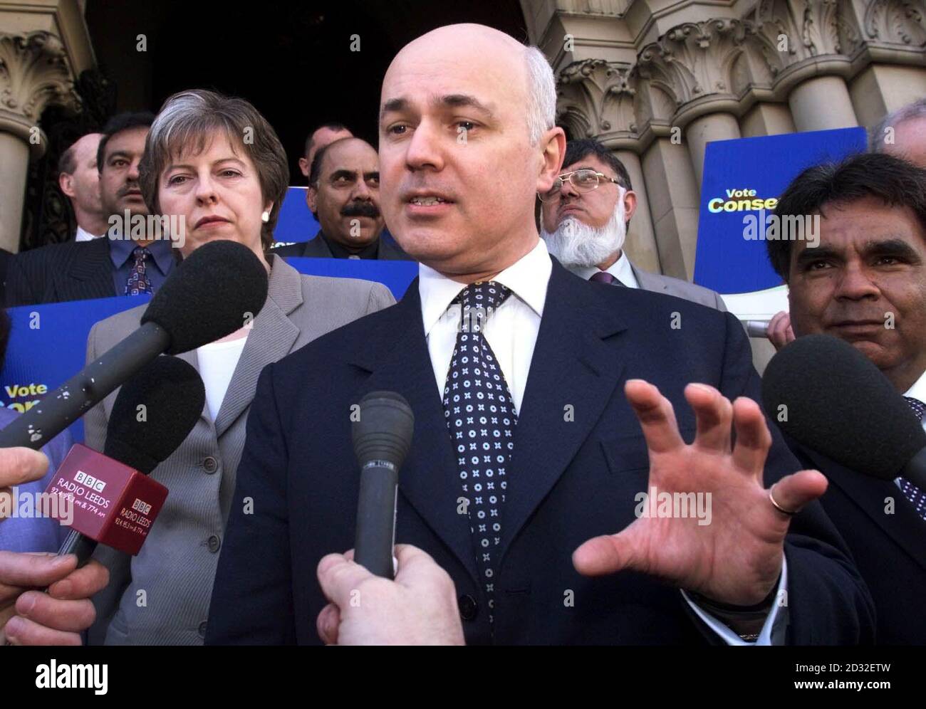 Opposition leader Iain Duncan-Smith addresses the media on the steps of Bradford City Hall as he launched the Conservatives local election campaign. Mr Duncan-Smith attacked the Government's heavy-handed control of local government and claimed that the national problems of crime, health and education were ultimately local problems which should be dealt with at a local level. The most vulnerable people in society were being let down by the Labour Government's failings in public services, he added.  Stock Photo
