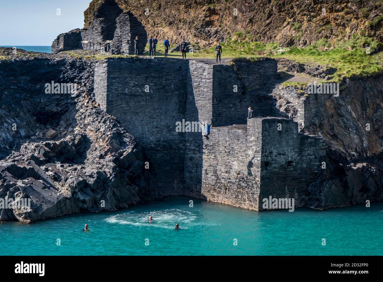 The Blue Lagoon at Abereiddi is one of the best examples in Pembrokeshire of a sea quarry , and popular for coasteering , swimming and diving. Stock Photo