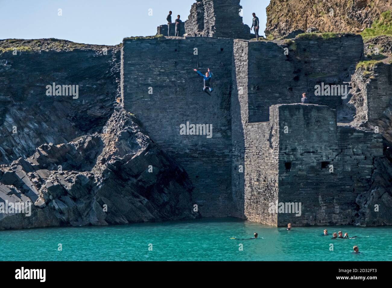 The Blue Lagoon at Abereiddi is one of the best examples in Pembrokeshire of a sea quarry , and popular for coasteering , swimming and diving. Stock Photo