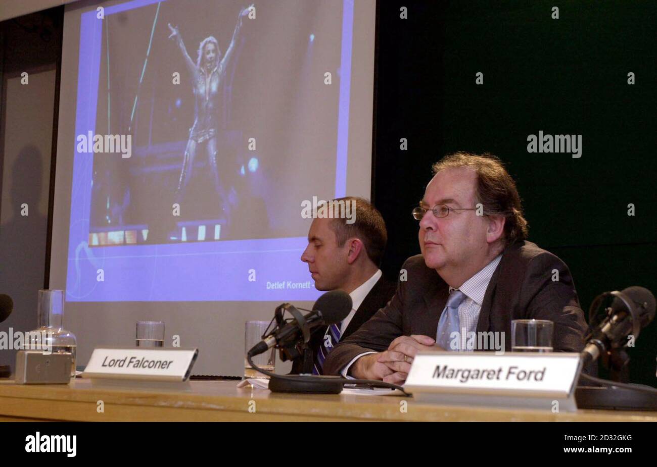 Lord Falconer (right) and David Hutton, Director of Lend Lease, look on during a press conference on the sale of the Millennium Dome and the development of the Greenwich Peninsula, held at the Department of Transport in central London.   * Contracts were signed by the international consortium, Meridian Delta Limited with the overall cost of the development expected to be up to  4 billion with the building of new homes, offices, shops and leisure facilities along the peninsula.  Stock Photo
