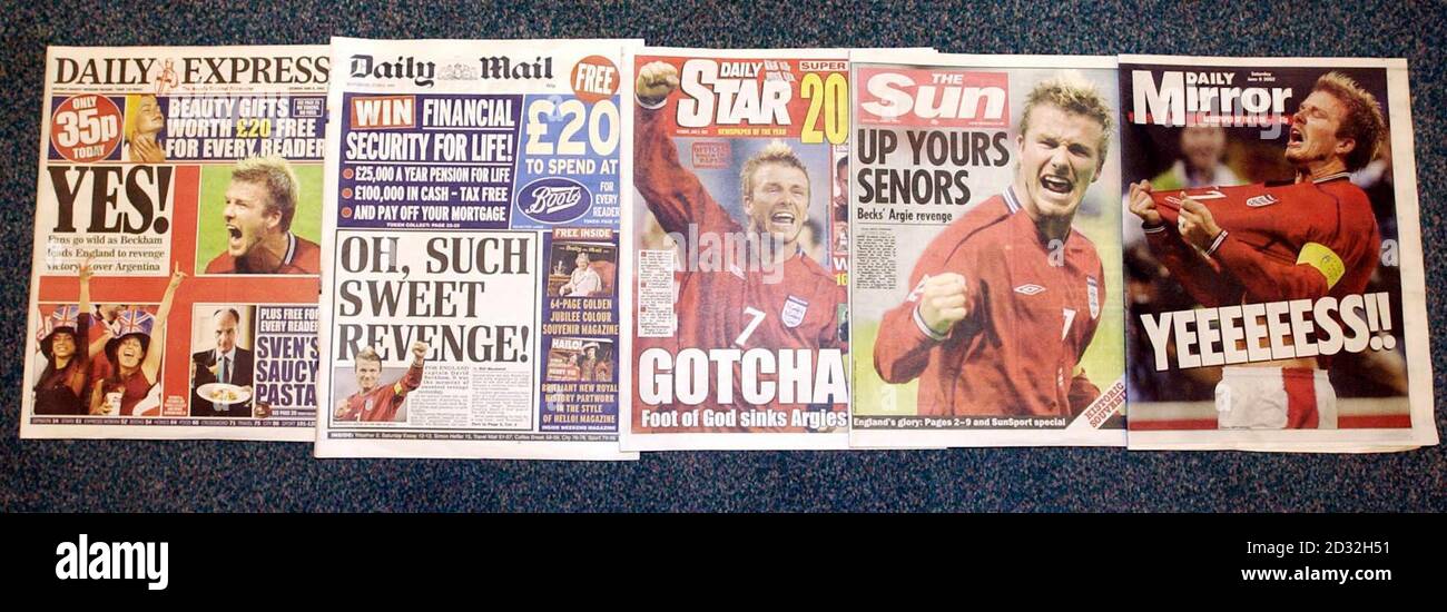 Front pages of the British tabloid newspapers. England's 1-0 victory over Argentina in the World Cup, group F first round match at Sapporo Dome, Japan dominate the front pages of British newspapers.   Stock Photo