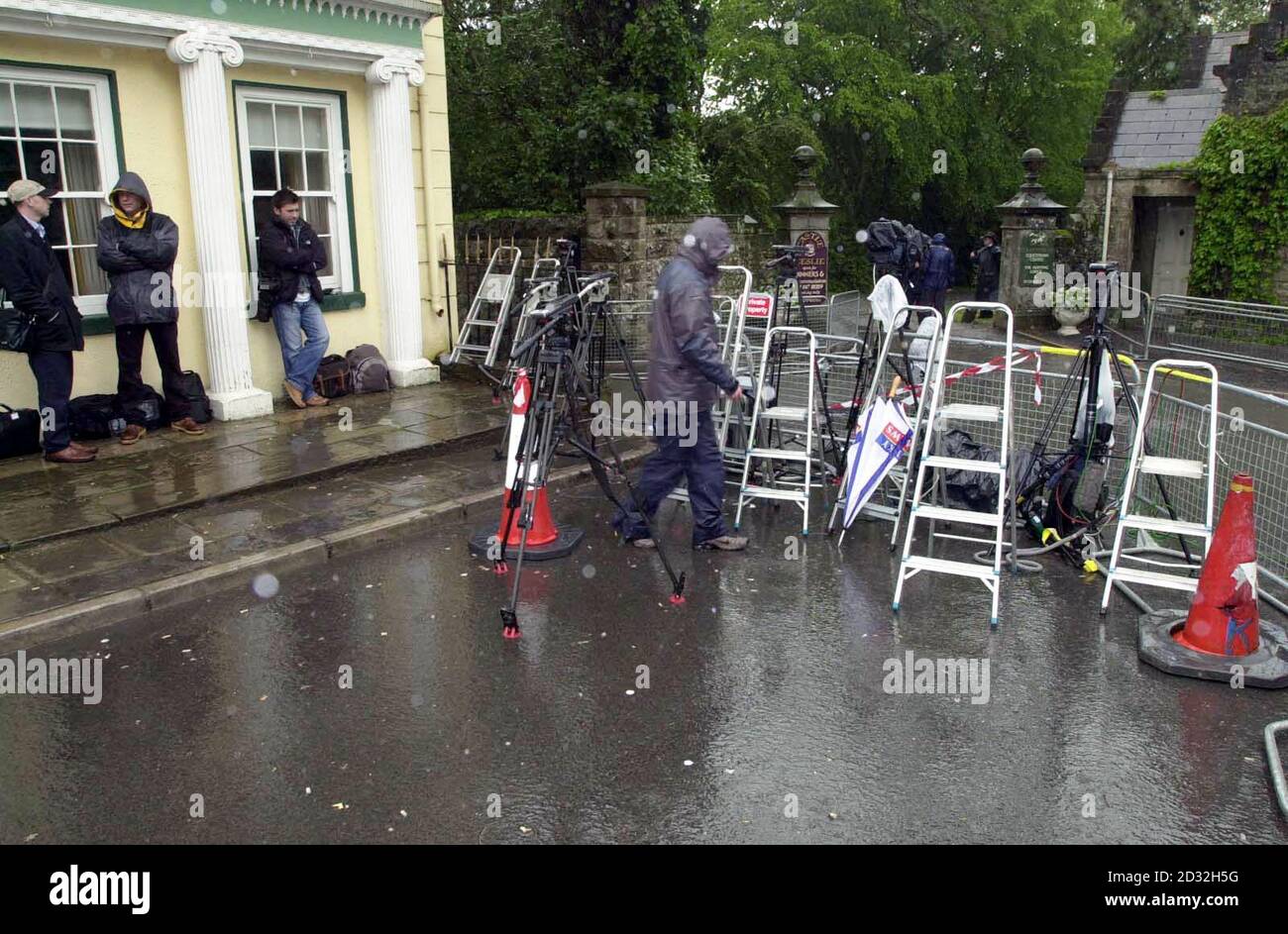 Media from around the world wait, in the rain ouitside Castle Leslie, Glaslough, in County Monaghan, Rep. of Ireland, where former Beatle Paul McCartney is  marrying Heather Mills. Stock Photo