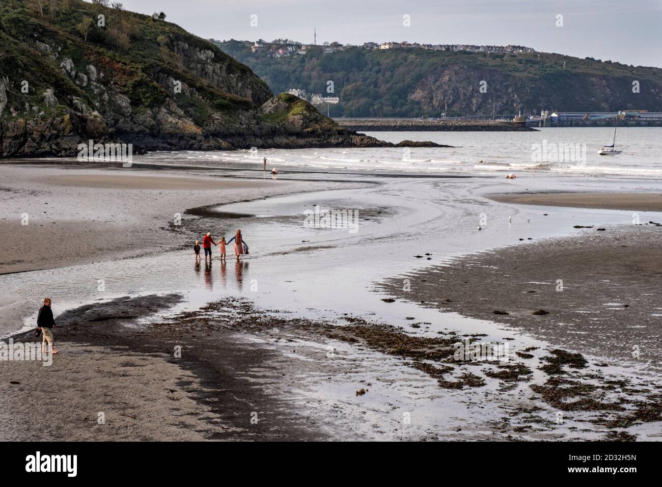 A family crosses the beach at low tide in Lower Fishguard harbour,   Pembrokeshire, Wales, UK Stock Photo