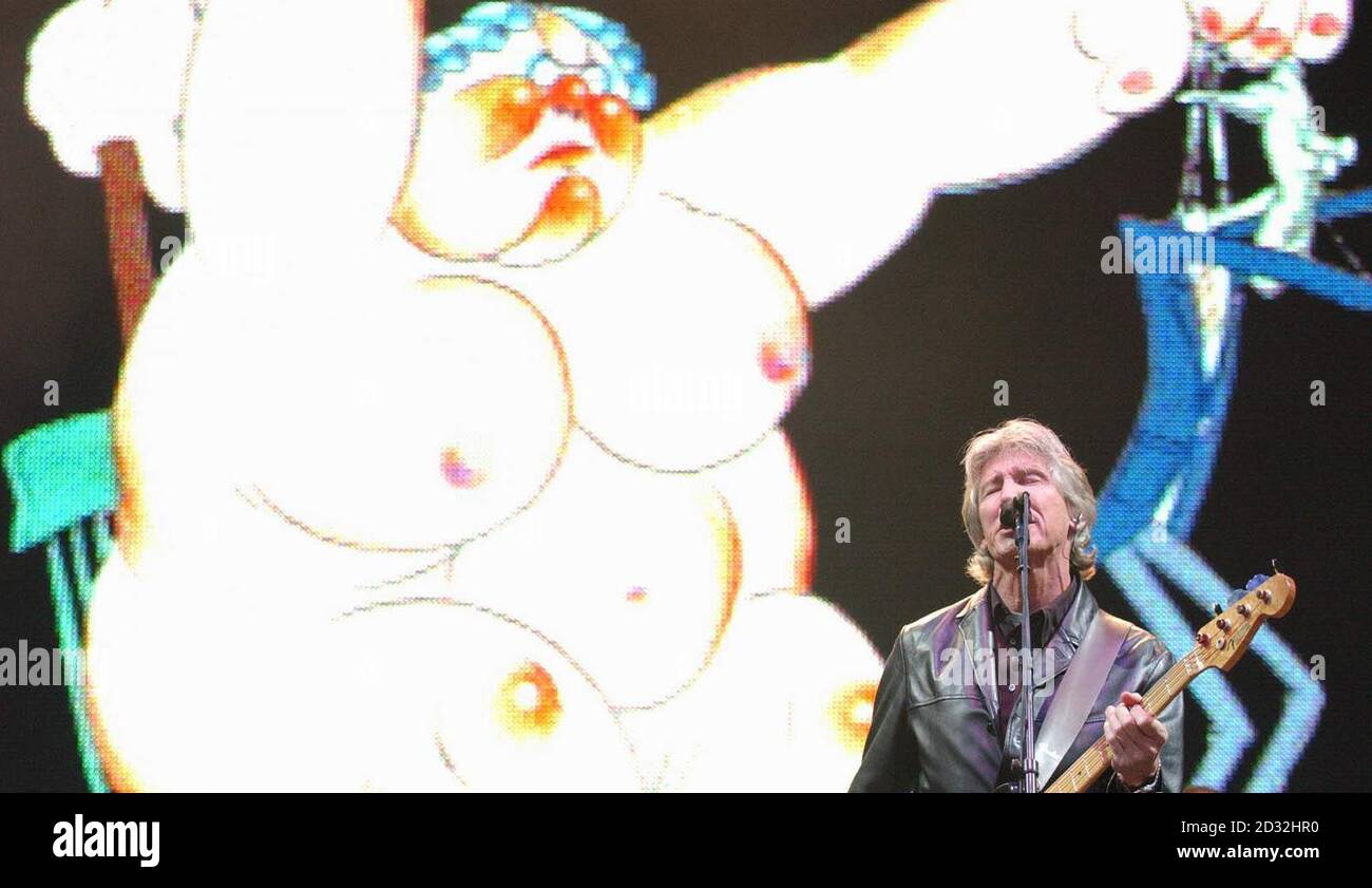 Pink Floyd's Roger Waters performing on the Pyramid Stage, during the final day of the Glastonbury Festival in Somerset. Stock Photo