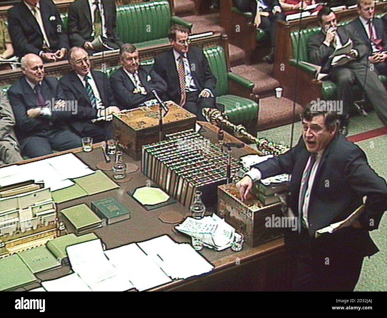 British Chancellor of the Exchequer Gordon Brown in the House of Commons in London, where he outlined his Comprehensive Spending Review. Education will get the main share of his  90 million package.  * ...  with the Home Office, Defence, Overseas Aid and Transport all sharing in the spending boost. Stock Photo
