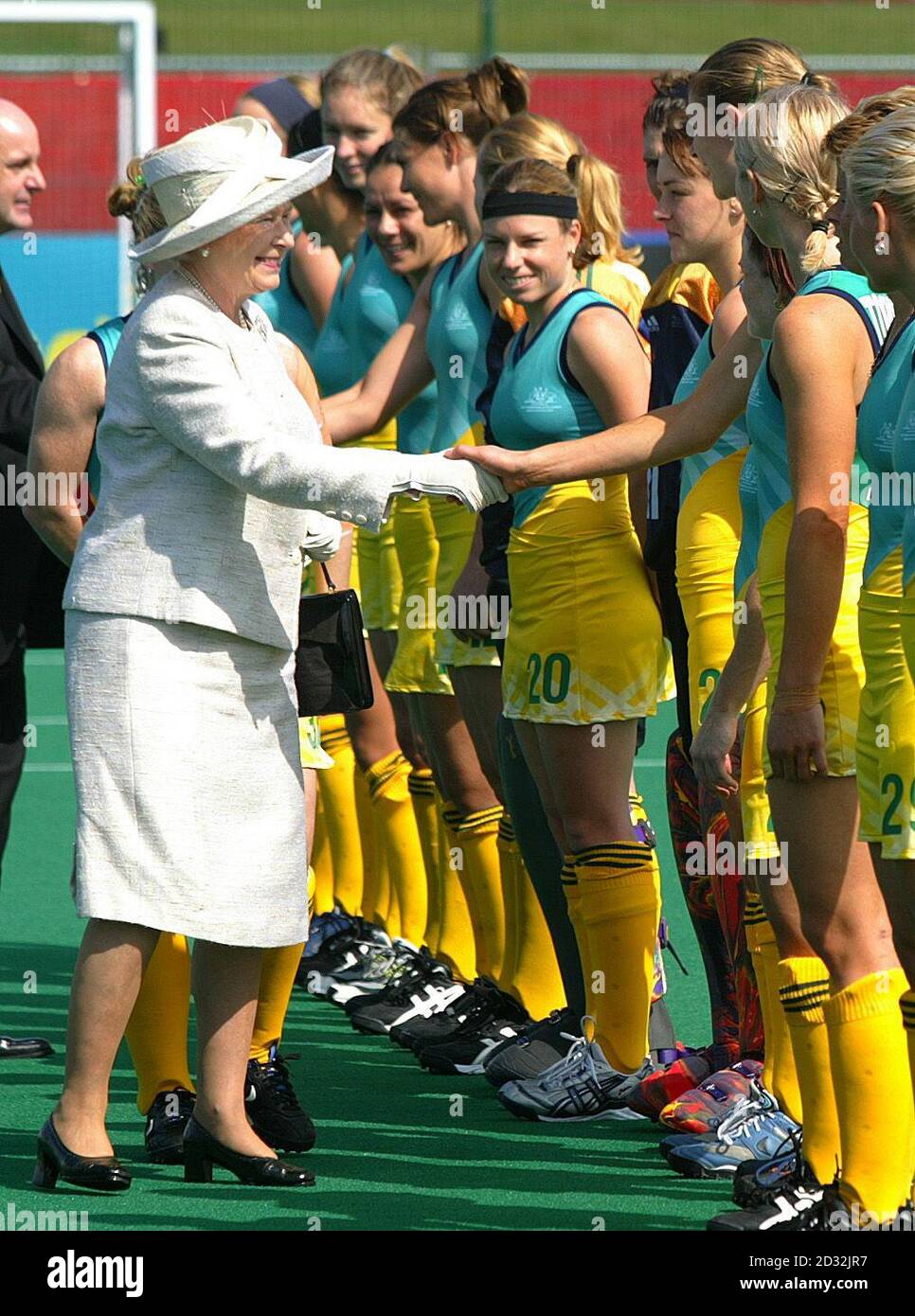 Queen Elizabeth II  meets members of the Australian Ladies Hockey team before their match against Scotland, on the 1st day of the Commonwealth Games in Manchester. Stock Photo
