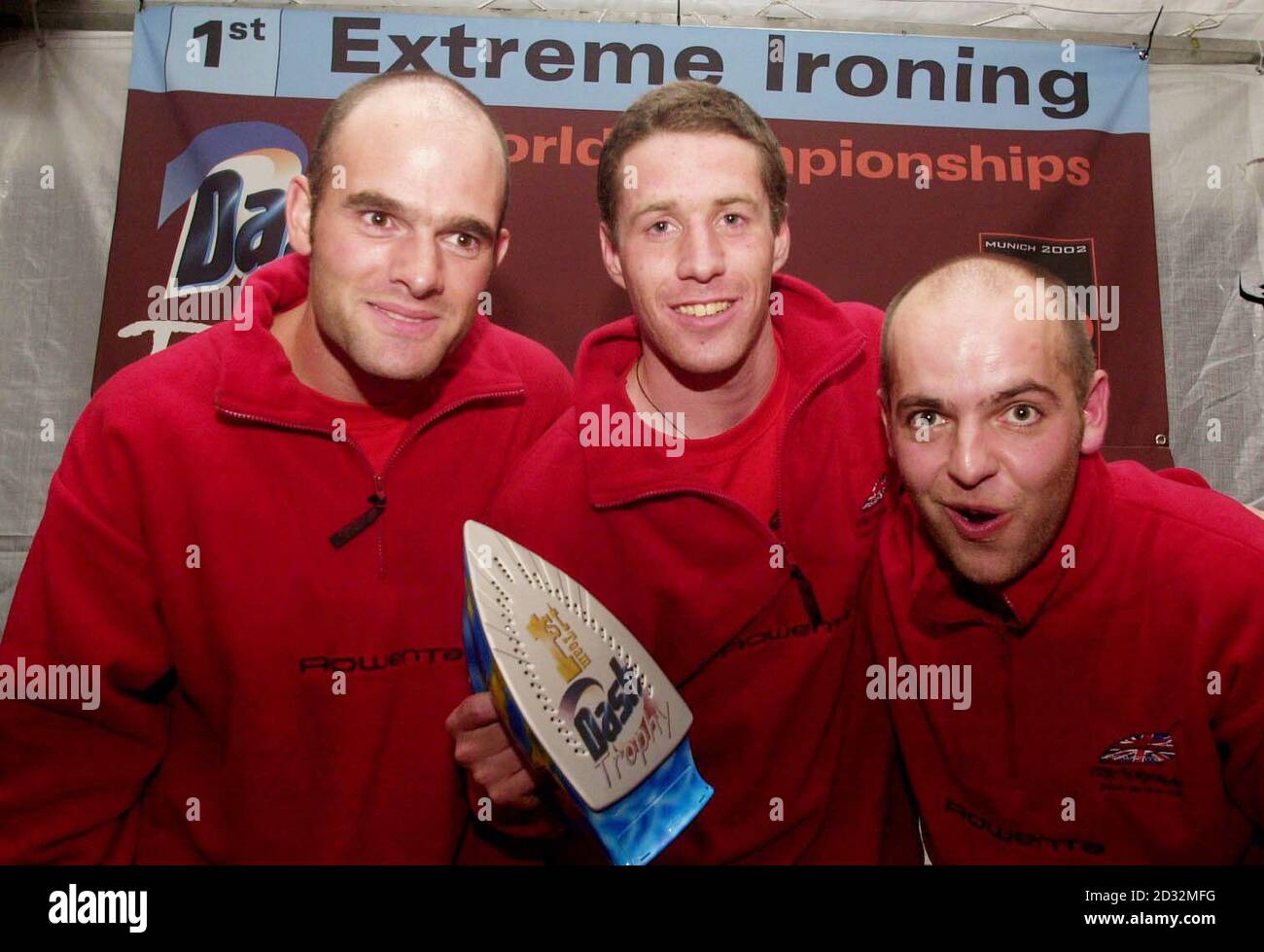 (l-r) Matthew 'Starch', 'Basket' and Phil 'Steam' Shaw celebrate first place in the team award of the first Extreme Ironing World Championships being held near Munich in Germany.   *  Phil 'Steam' Shaw invented the sport in 1997 when he decided to combine the mundane chore of ironing with his love of rock-climbing. The championships consist of five disciplines including forest, water, free-style and rocky with around ten countries taking part. Stock Photo
