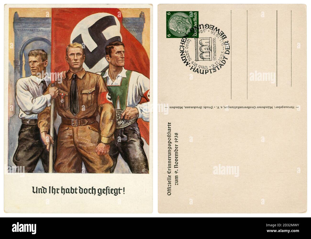German historical postcard: 15th anniversary of the Beer hall putsch, a resident of the Sudetenland, SA Fighter, Austrian with a swastika flag, 1938 Stock Photo