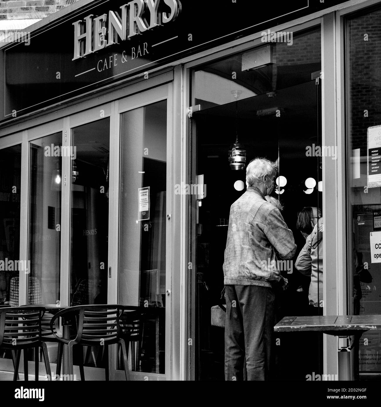 London UK October 06 2020, Elderly Man Queuing To Enter A High Street Restaurant During Easing Of COVID-19 Lockdown Restrictions Stock Photo