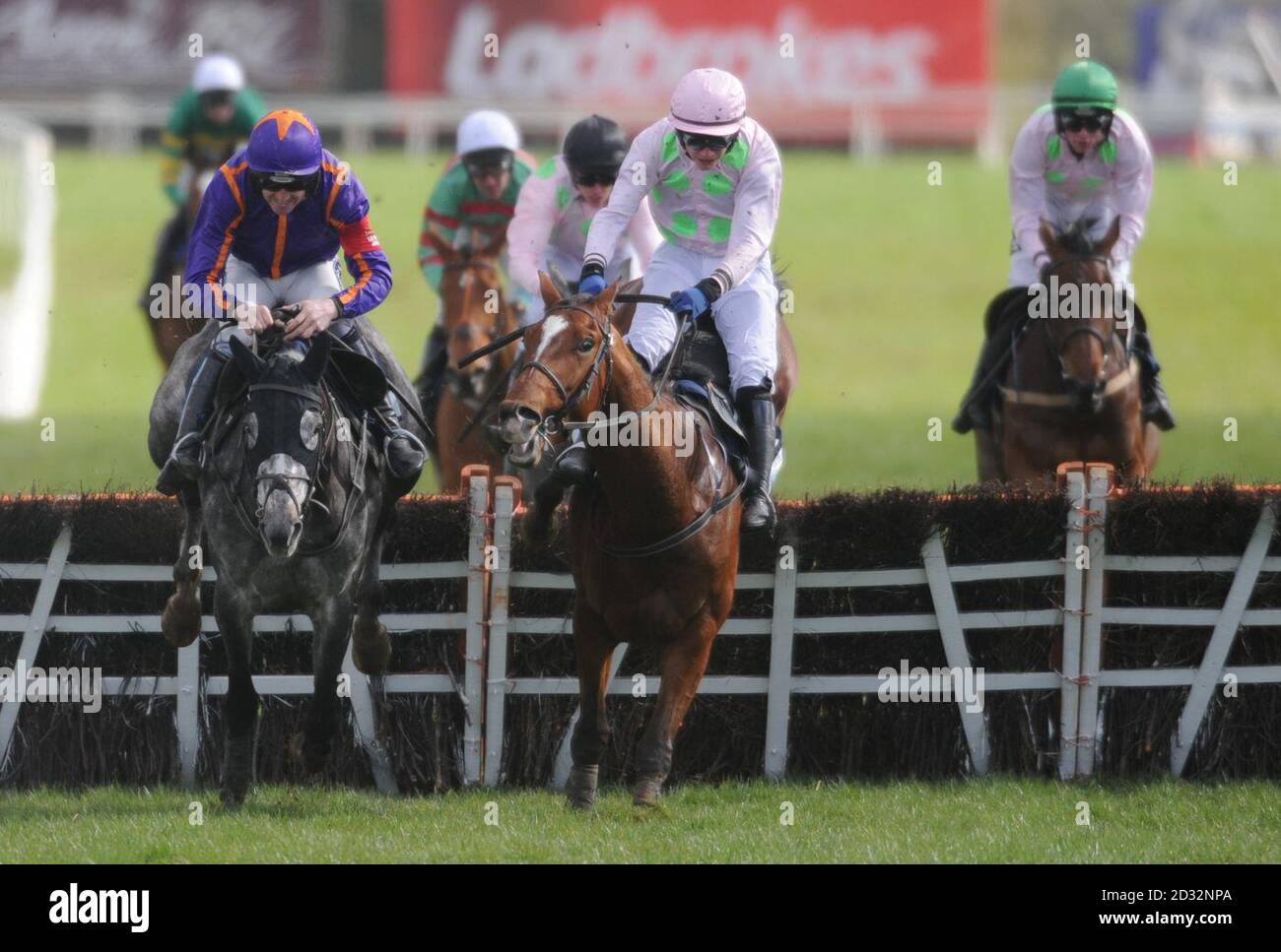 Diakali ridden by jockey Ruby Walsh (left) on their way to victory in the AES Champion Four Year Old Hurdle during the AES Festival Family Day of the 2013 Festival at Punchestown Racecourse, Co Kildare, Ireland. Stock Photo