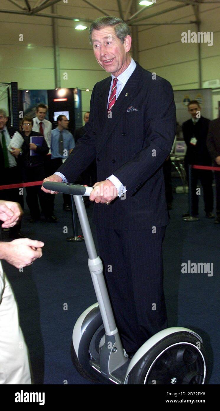 The Prince of Wales, on his 54th birthday,rides on an electrically-powered Segway during a visit to a vocational careers' fair in Salford, Greater Manchester. *..The invention, which looks like an electric scooter, uses a high-tech system of gyroscopes to detect the user's natural sense of balance to steer it. The electrically powered Segway was developed with the help of British firm BAE Systems in an attempt to make getting around urban areas quicker and easier. The invention was being showcased at SkillCity, a joint venture between the Prince's Trust and charity UK Skills aiming to enthus Stock Photo