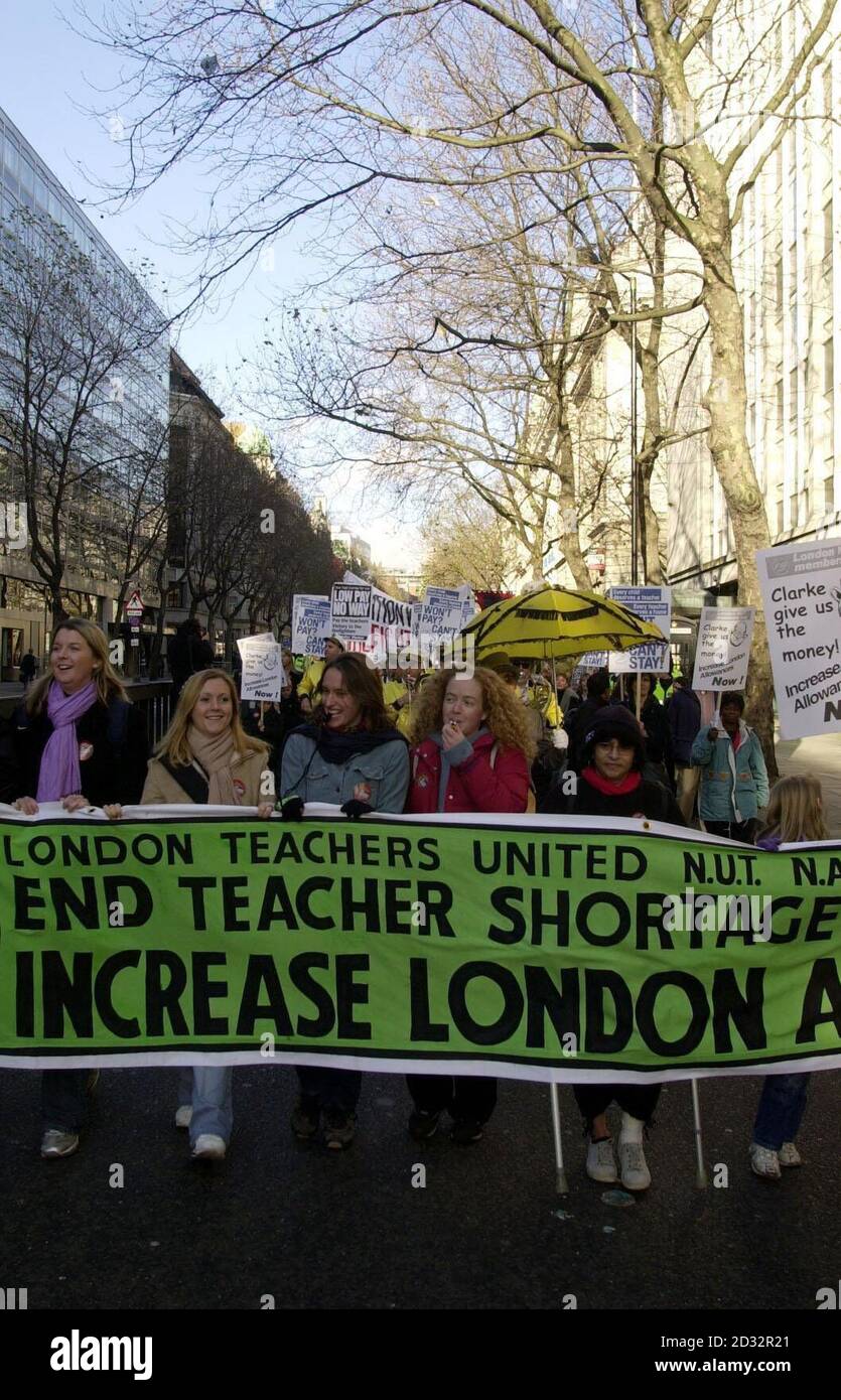 Teachers and protestors march through central London, as part of a one-day strike by teachers across London over demands for increased pay.The Association of London Government said around 2,000 out of London's 2,700 schools had been affected by the strike.  * ....  by members of the National Union of Teachers and the National Association of Schoolmasters Union of Women Teachers. Half were closed and another 25% approximately had been disrupted by the stoppage, said a spokeswoman. Stock Photo
