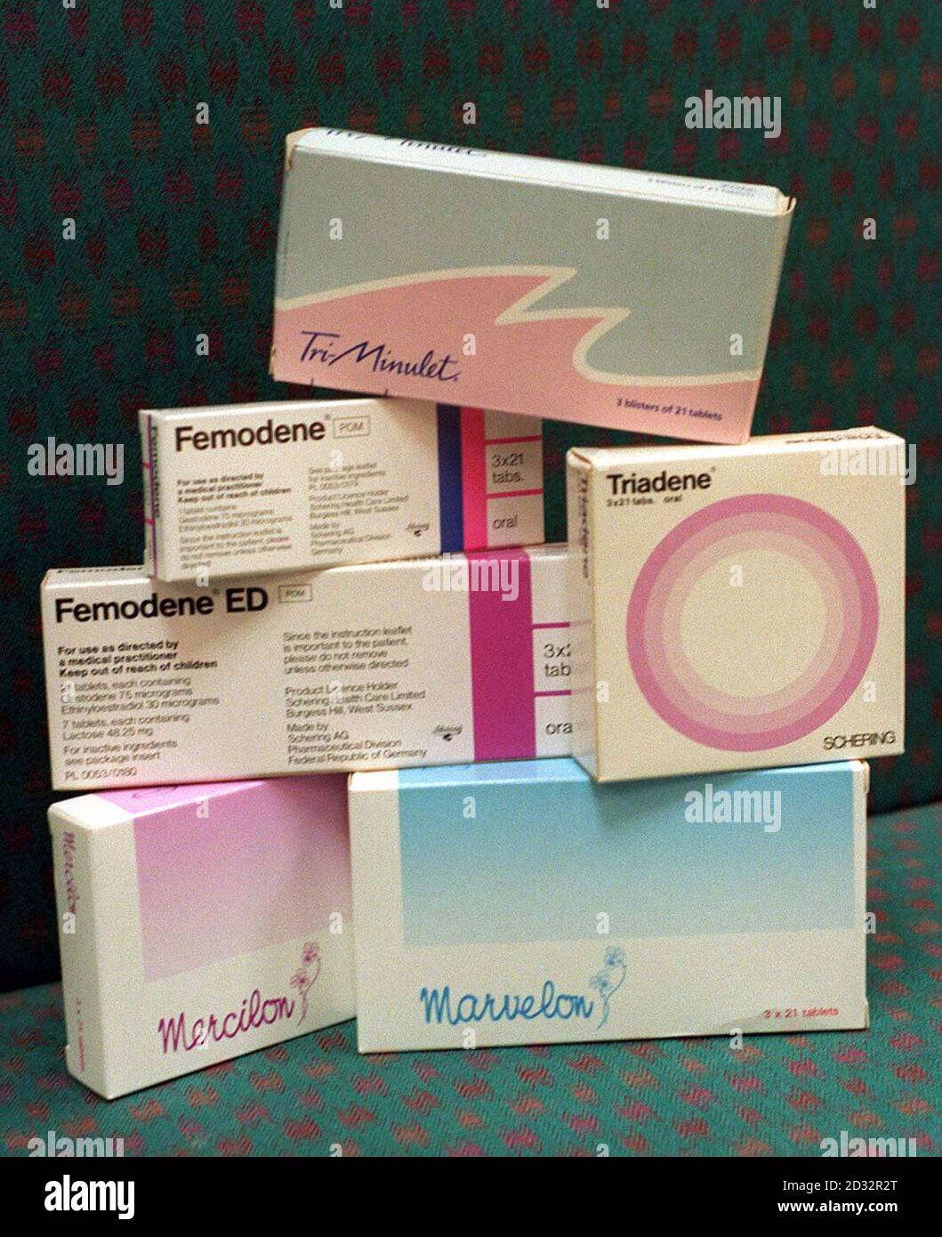 DECEMBER 4th : On this day in 1961 Birth Control Pills became availiable on the NHS. A selection of some of the brands of oral contraceptive pills that were named in a Government health report as possibly being linked to an increased risk of thrombosis in women. The brands featured are: (clockwise from top) TriMinulet, Triadene, Marvelon, Mercilion Femodene ED and Femodene. Stock Photo