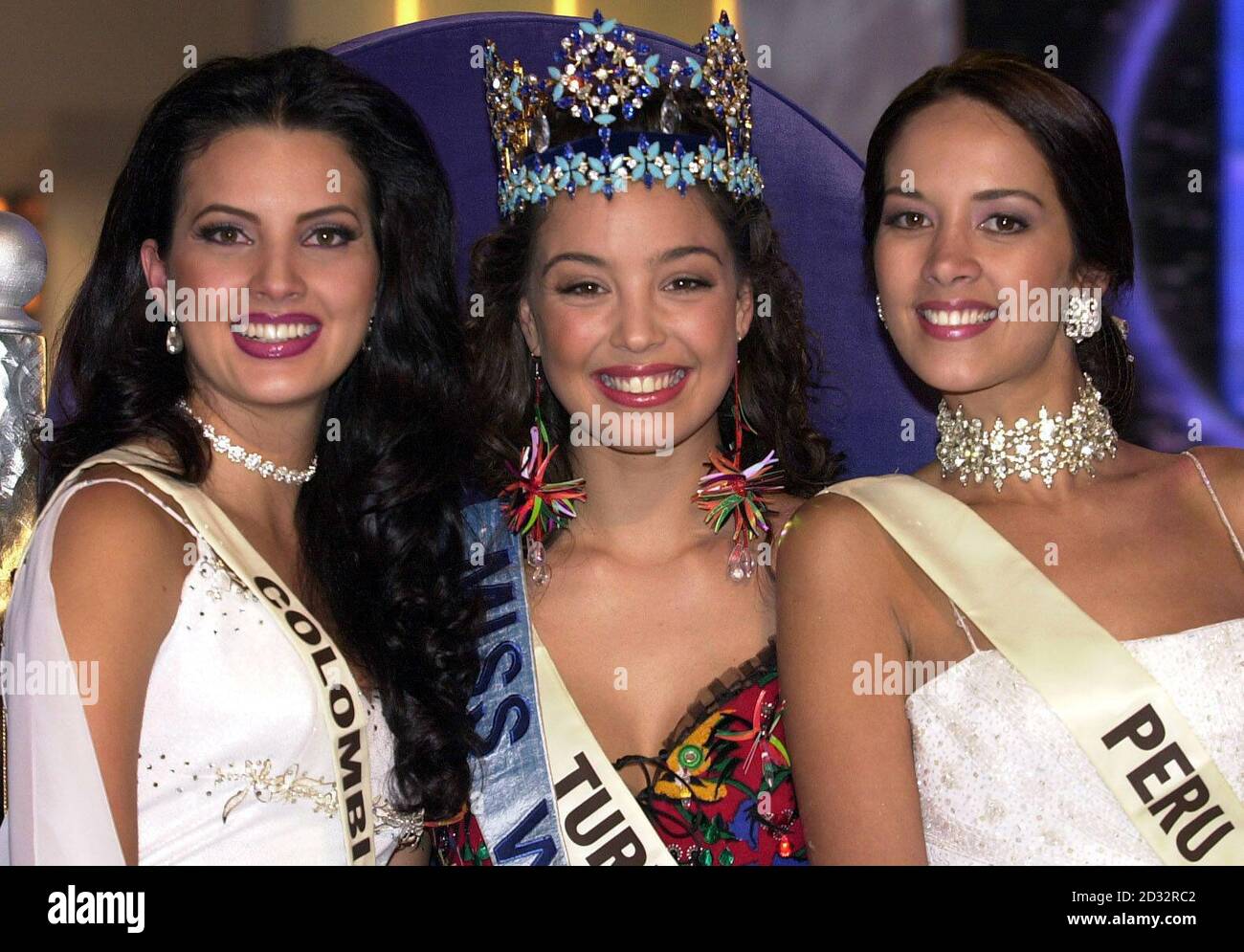 The newly crowned Miss World, Miss Turkey Miss Azra Akin (centre) with runner up Miss Colombia, Natalie Peralta, (left) and Miss Peru Marina Mora Montero (right) at Alexandra Palace in London. Stock Photo