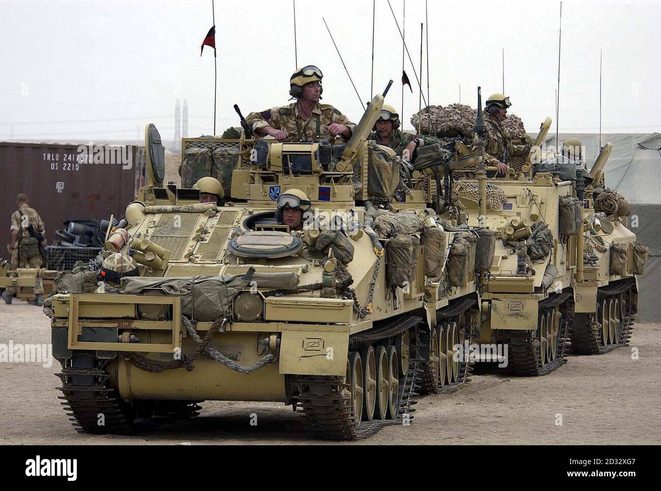 Scimitar Tanks of D Squadron Household Cavalry leaving camp in Kuwait. Stock Photo