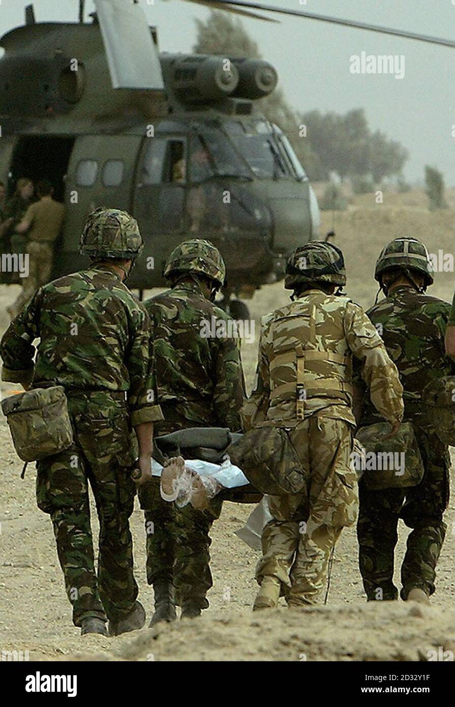 British wounded are flown out from 1 CS Medical Regiment based near Basra, southern Iraq, in a Puma helicopter. Photo by Dan Chung, The Guardian, MOD Pool Stock Photo