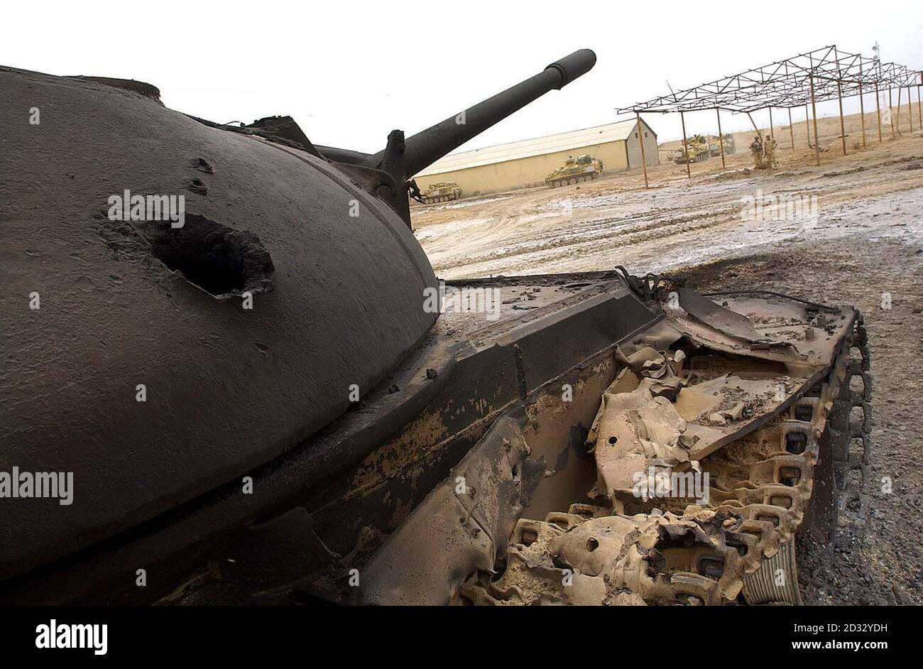 A tank outside the abandoned Iraqi barracks after it had been destroyed