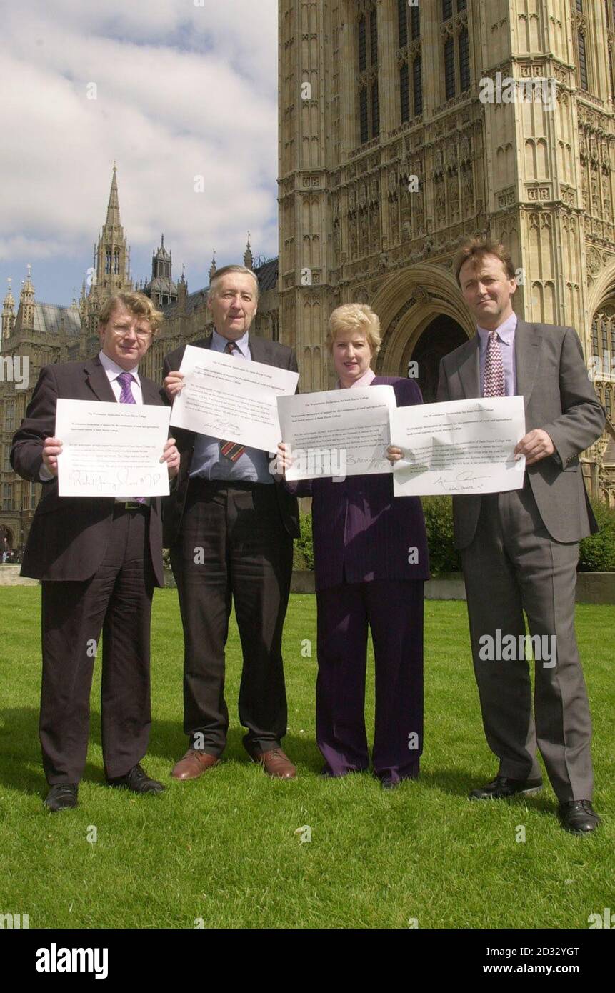 (Left to right) Richard Younger-Ross, MP for Teignbridge, in Devon, Lord Livsey of Talgarth, Angela Browning, MP for Tiverton and Honiton, and Andrew George, MP for St Ives,   * .. show their support for the continuance of rural and agricultural land-based courses at Seale Hayne College in Devon. The four assembled on Abingdon Green in Westminster, central London and said they were working with local communities in Devon and Cornwall to try and prevent the college's closure. Stock Photo