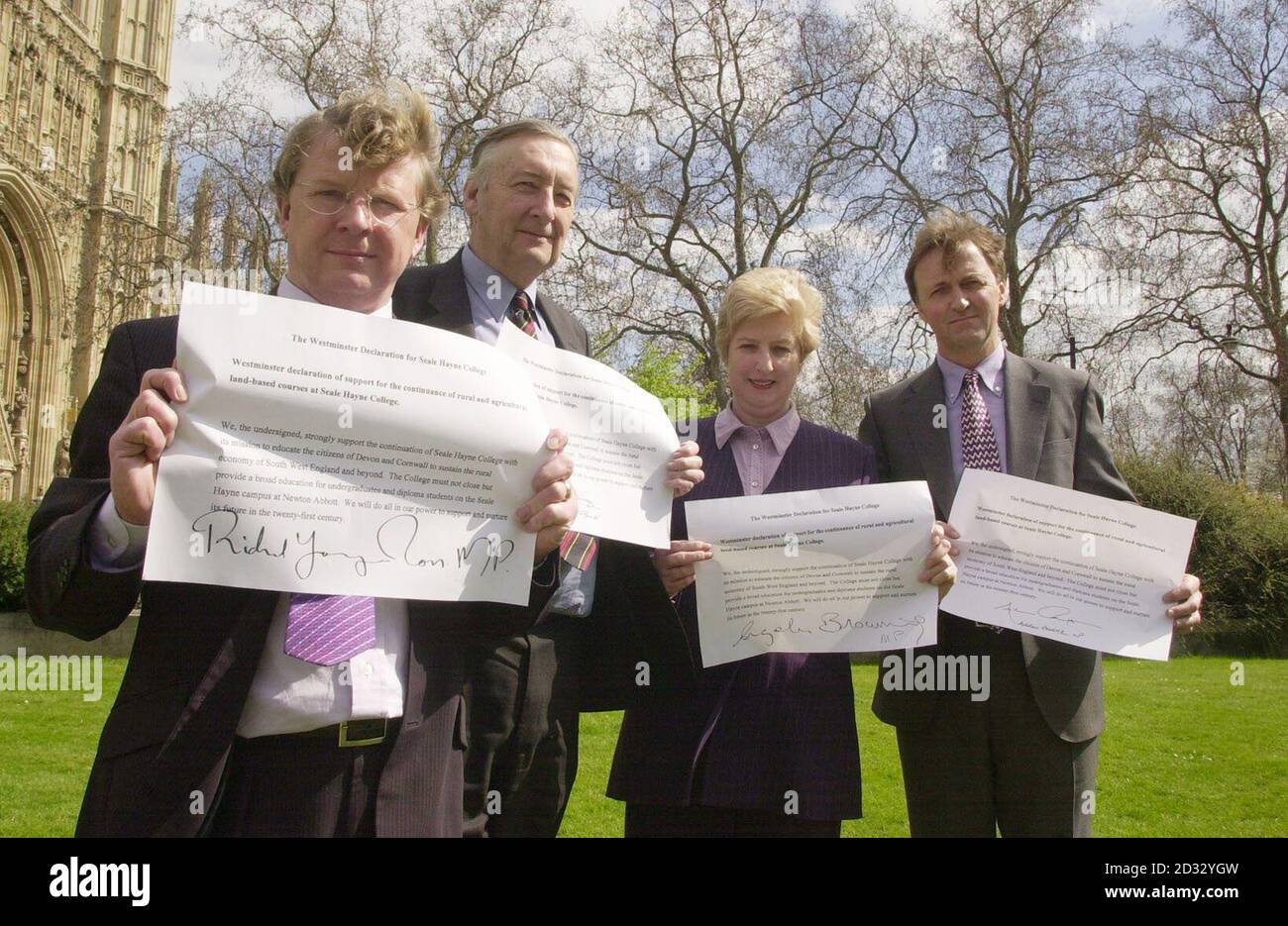 (Left to right) Richard Younger-Ross, MP for Teignbridge, in Devon, Lord Livsey of Talgarth, Angela Browning, MP for Tiverton and Honiton, and Andrew George, MP for St Ives,   * ...show their support for the continuance of rural and agricultural land-based courses at Seale Hayne College in Devon. The four assembled on Abingdon Green in Westminster, central London, and said they were working with local communities in Devon and Cornwall to try and prevent the college's closure. Stock Photo
