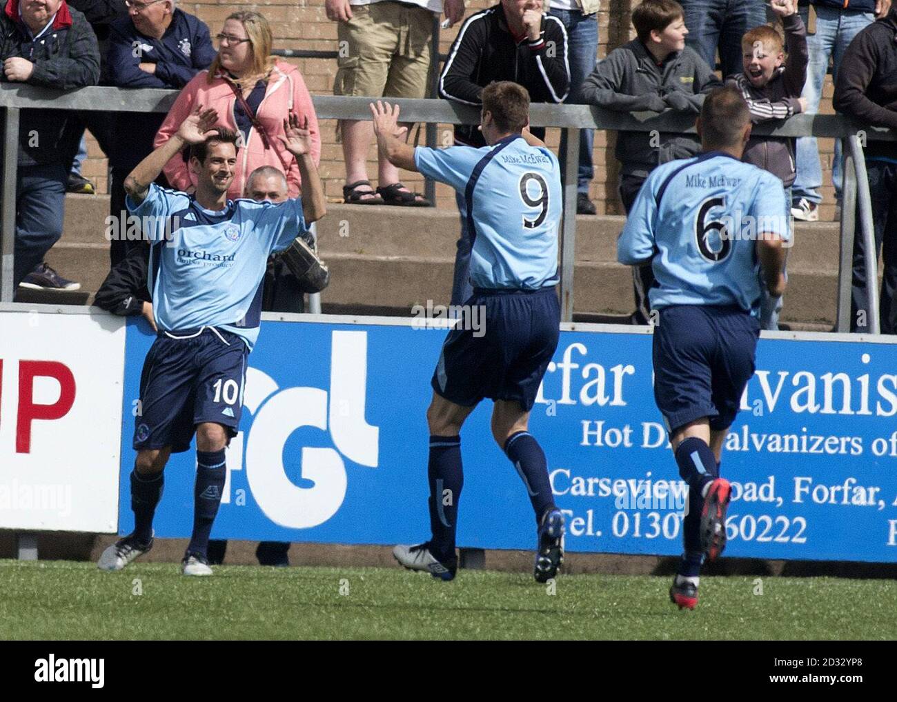 Forfar Athletic's Gavin Swankie (left) celebrates scoring during the Scottish Communities League Cup, First Round match at Station Park, Forfar. Stock Photo
