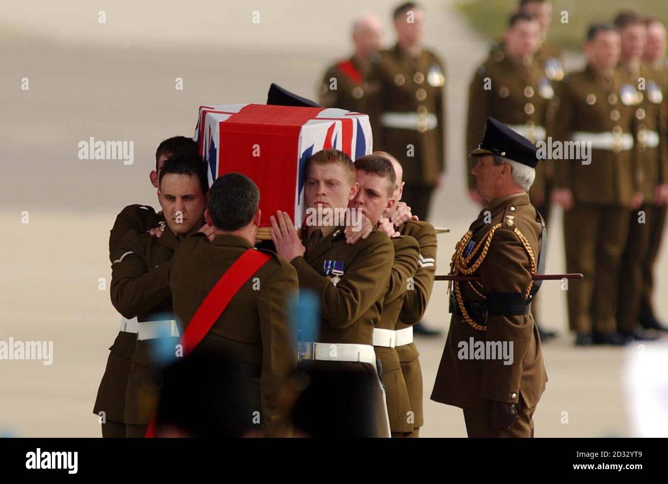 The body of Fusilier Kelan Turrington, from Haslingfield, Cambridgeshire, who at 18 was the youngest British serviceman to be killed since the conflict began, arrives at RAF Brize Norton.  *  A member of the Royal Regiment of Fusiliers, he was killed in action on April 6 near Basra. He joined the Army in September 2001. The bodies of seven British servicemen killed in the Iraq conflict were arriving at the Oxfordshire air base for a solemn repatriation ceremony. The return of the seven bodies today brings the number of killed servicemen repatriated to 28, leaving two of the 30 British fataliti Stock Photo