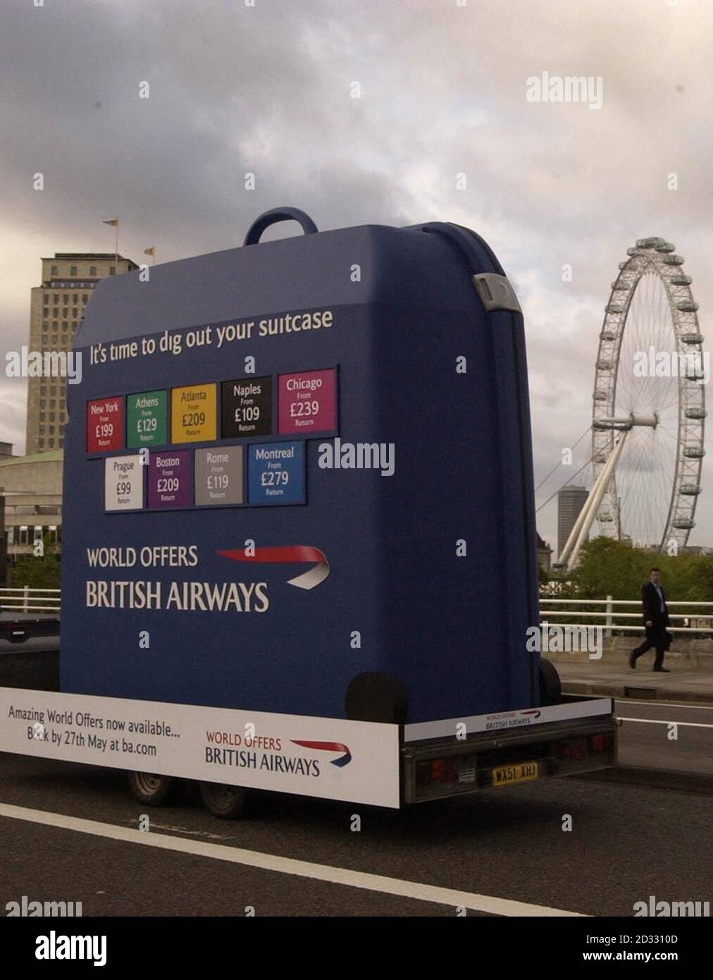 The World's Largest Suitcase drives past the London Eye to promote British  Airways' New World Offers campaign. The 4.5m suitcase highlights the BA  drive to encourage people to travel by offering savings