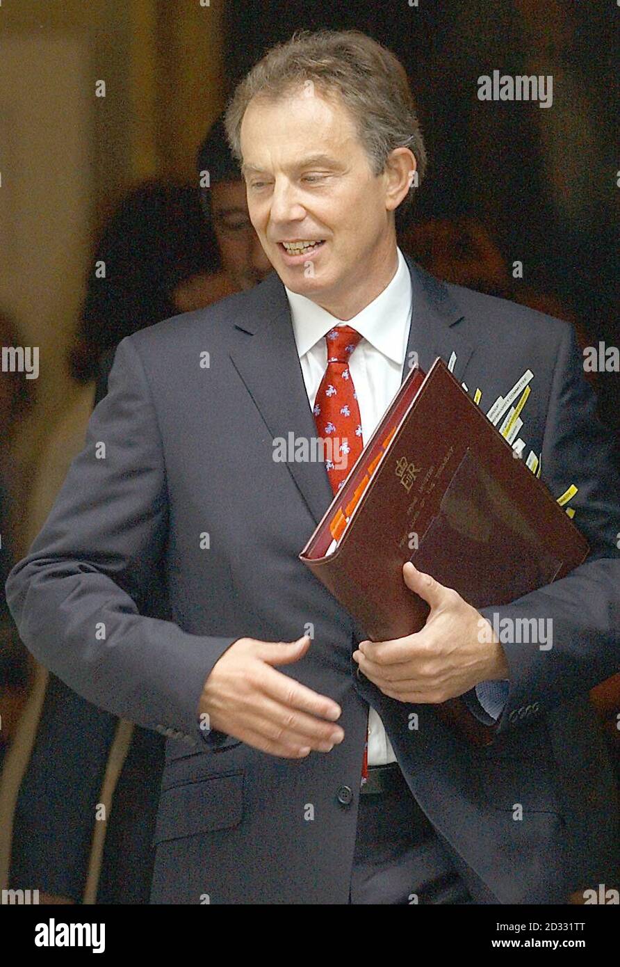 Britain's Prime Minister Tony Blair leaves his offices in Downing Street, to travel to the House of Commons for his regular weekly session of questions from members of parliament.   *  Amongst other matters, he is expected to be quizzed over allegations that the Government exaggerated the threat of Iraq's weapons of mass destruction. Stock Photo